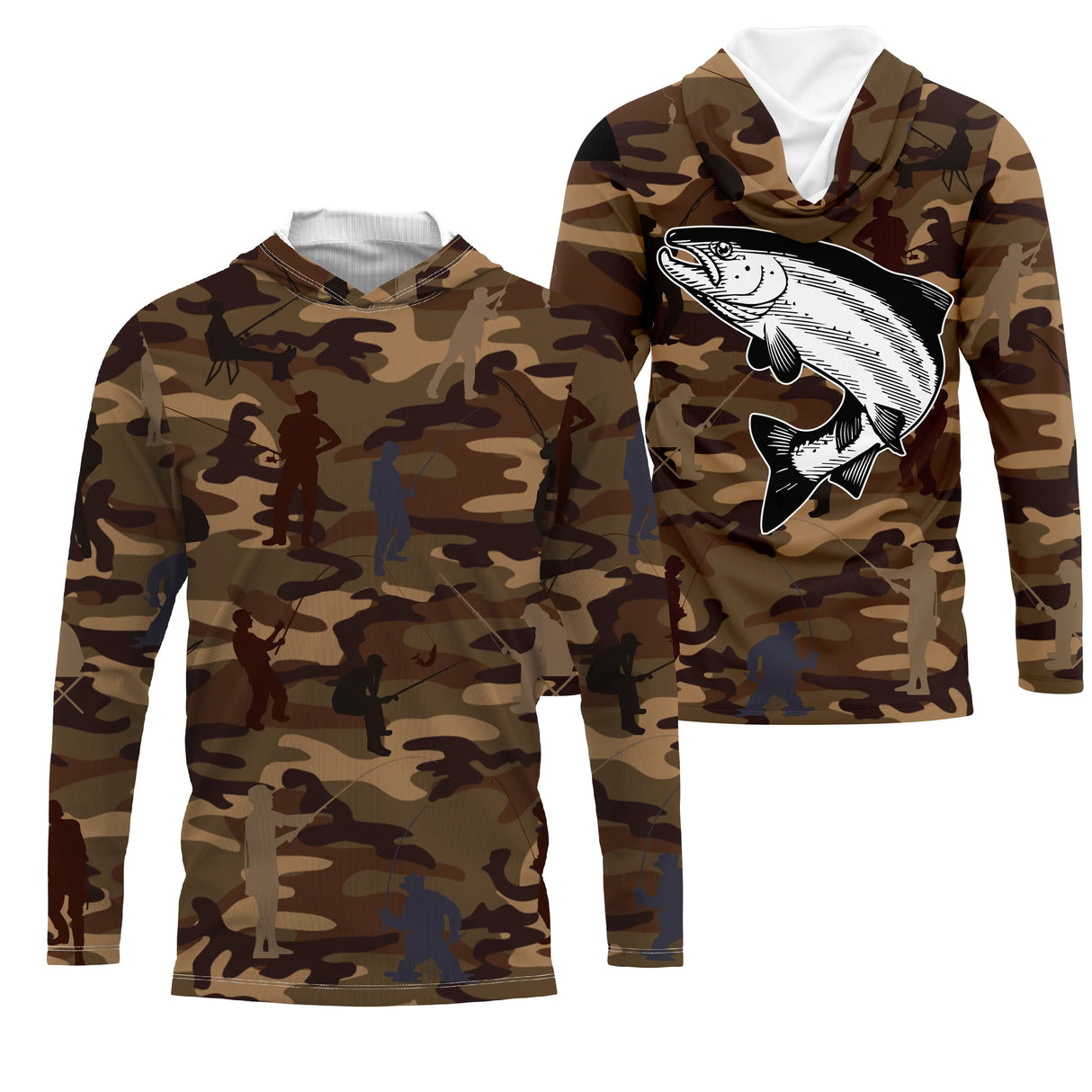 Sweater pêche unisexe camouflage marron saumon bondissant silhouettes pêcheurs tissu doux