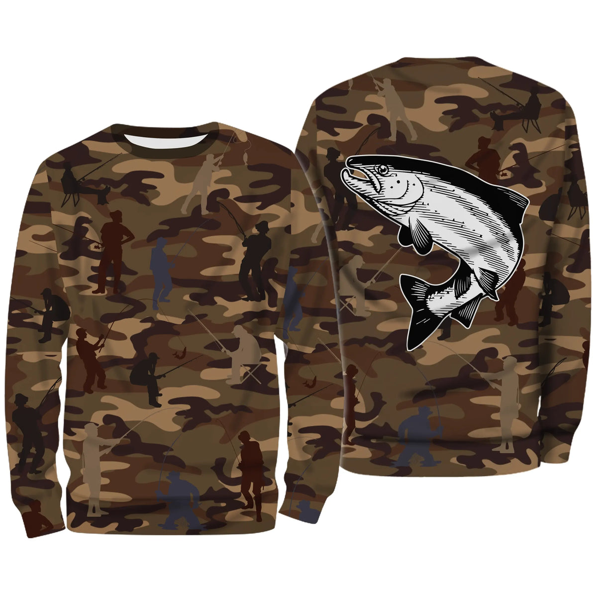 Débardeur pêche unisexe camouflage marron saumon bondissant silhouettes pêcheurs salmonidé