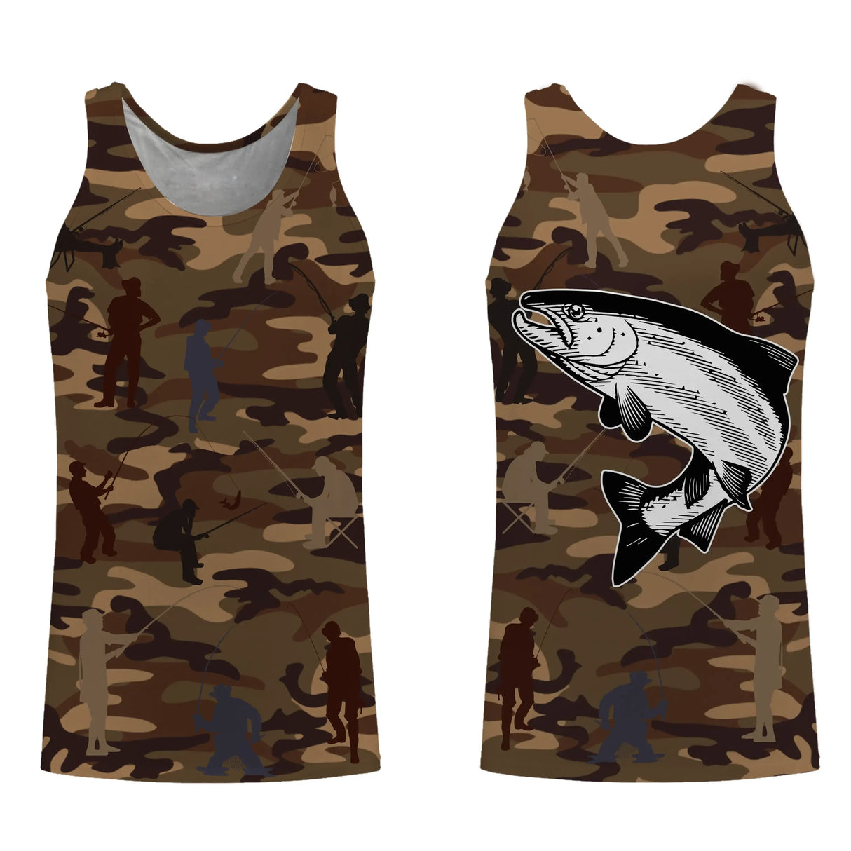 T-shirt pêche enfant manches longues camouflage marron saumon silhouettes pêcheurs