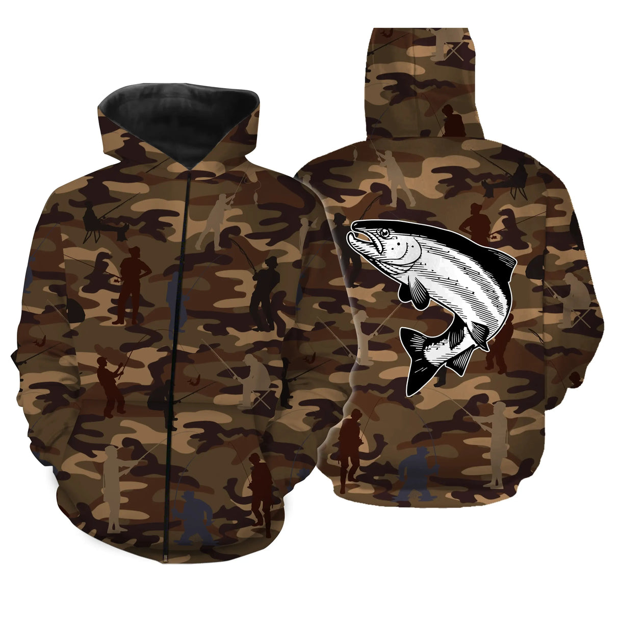 T-shirt pêche unisexe manches longues camouflage marron saumon bondissant silhouettes pêcheurs