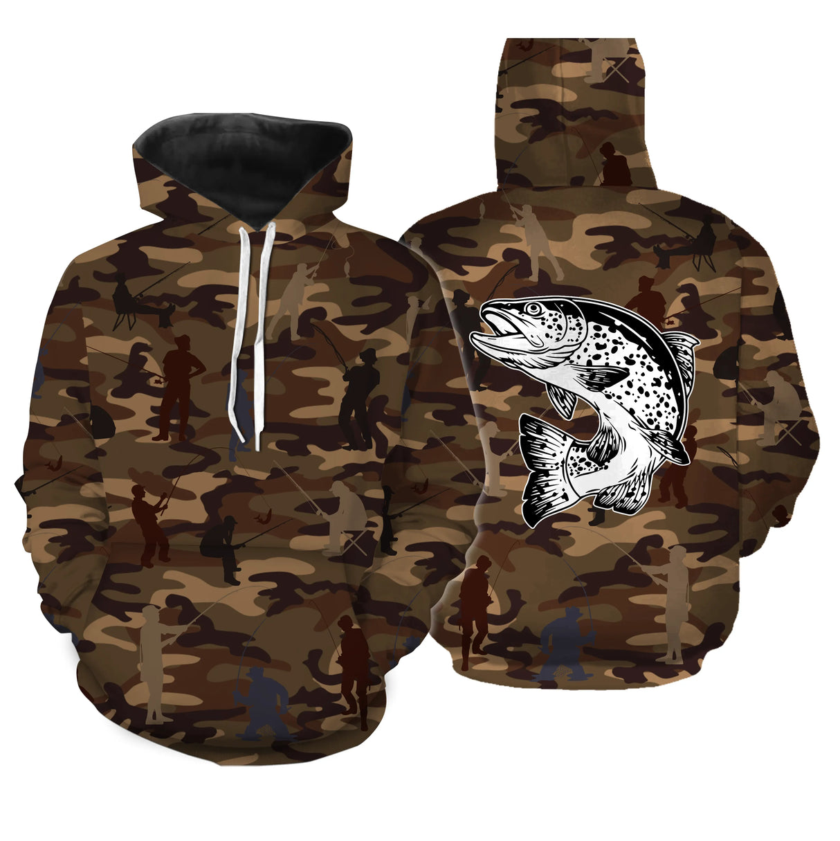 Sweat capuche zippé pêche camouflage marron truite bondissante silhouettes pêcheurs