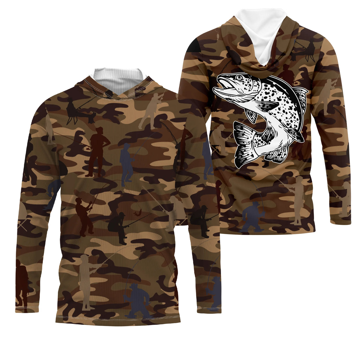 Sweater pêche unisexe camouflage marron truite bondissante silhouettes pêcheurs tissu doux
