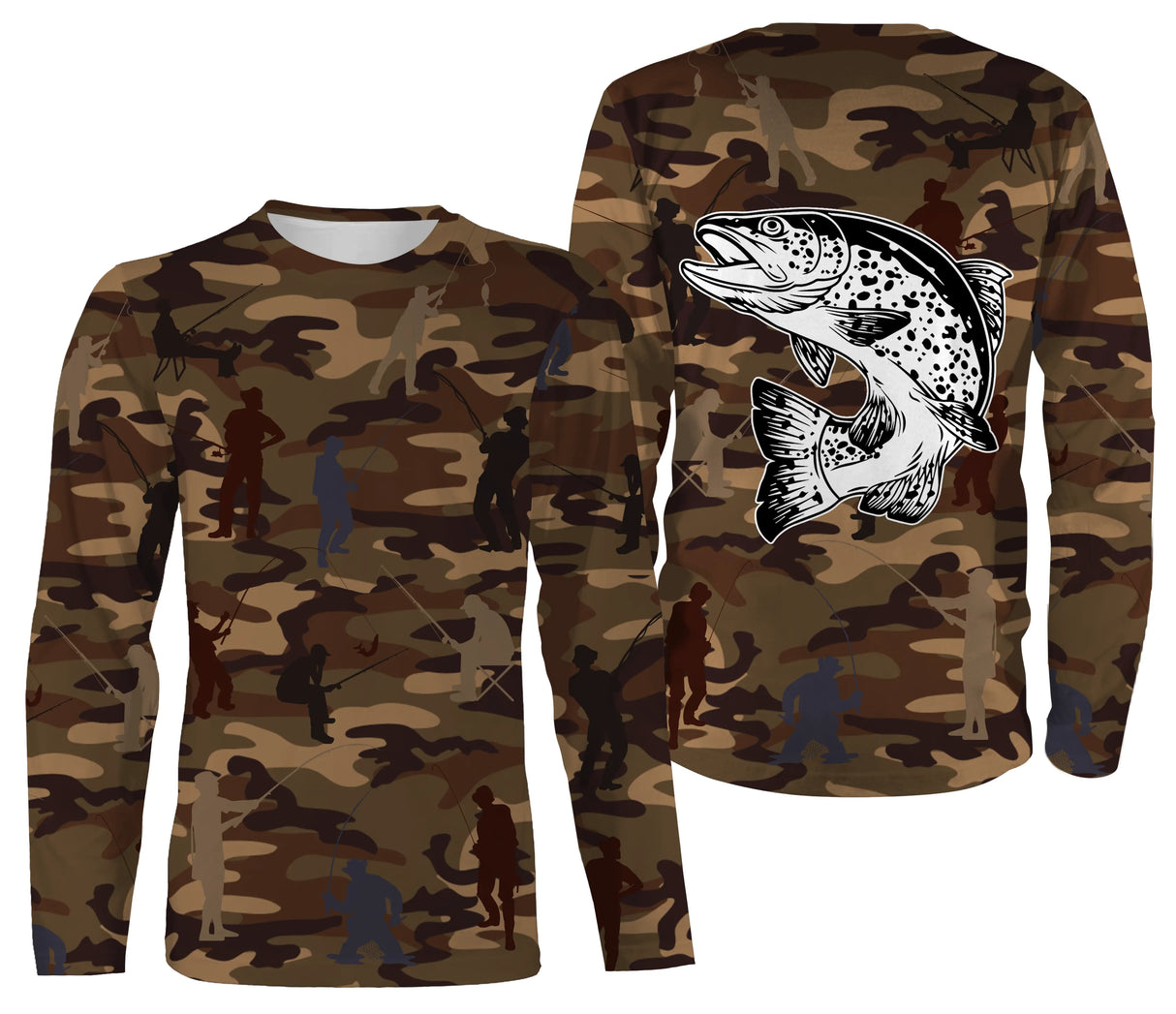 Anti-UV t-shirt à capuche pêche unisexe camouflage marron truite bondissante silhouettes pêcheurs