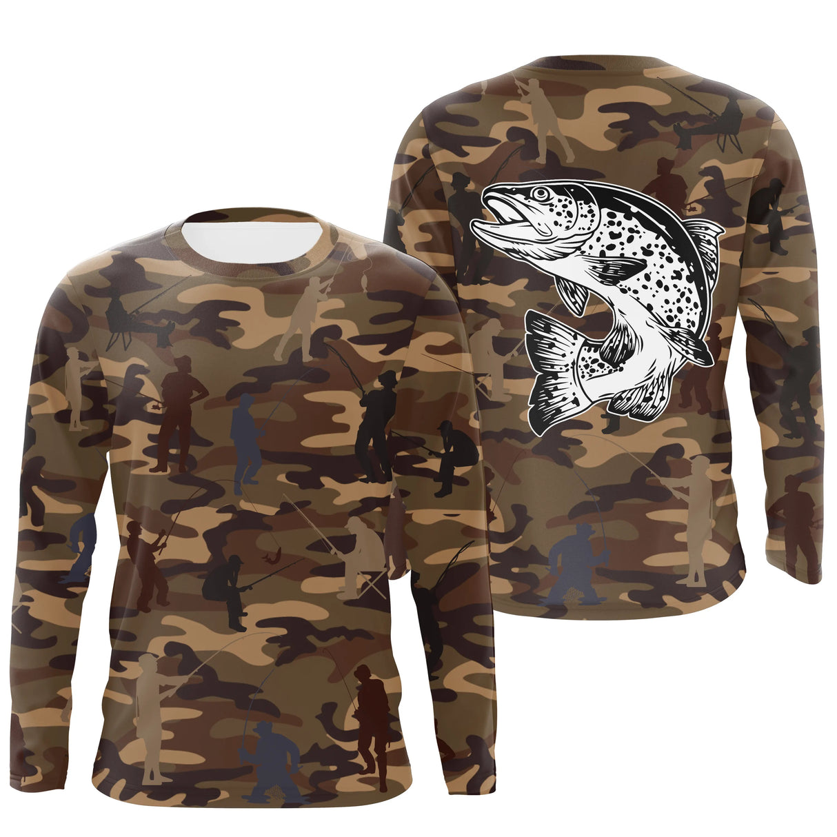 Sweat à capuche pêche camouflage marron truite bondissante silhouettes pêcheurs