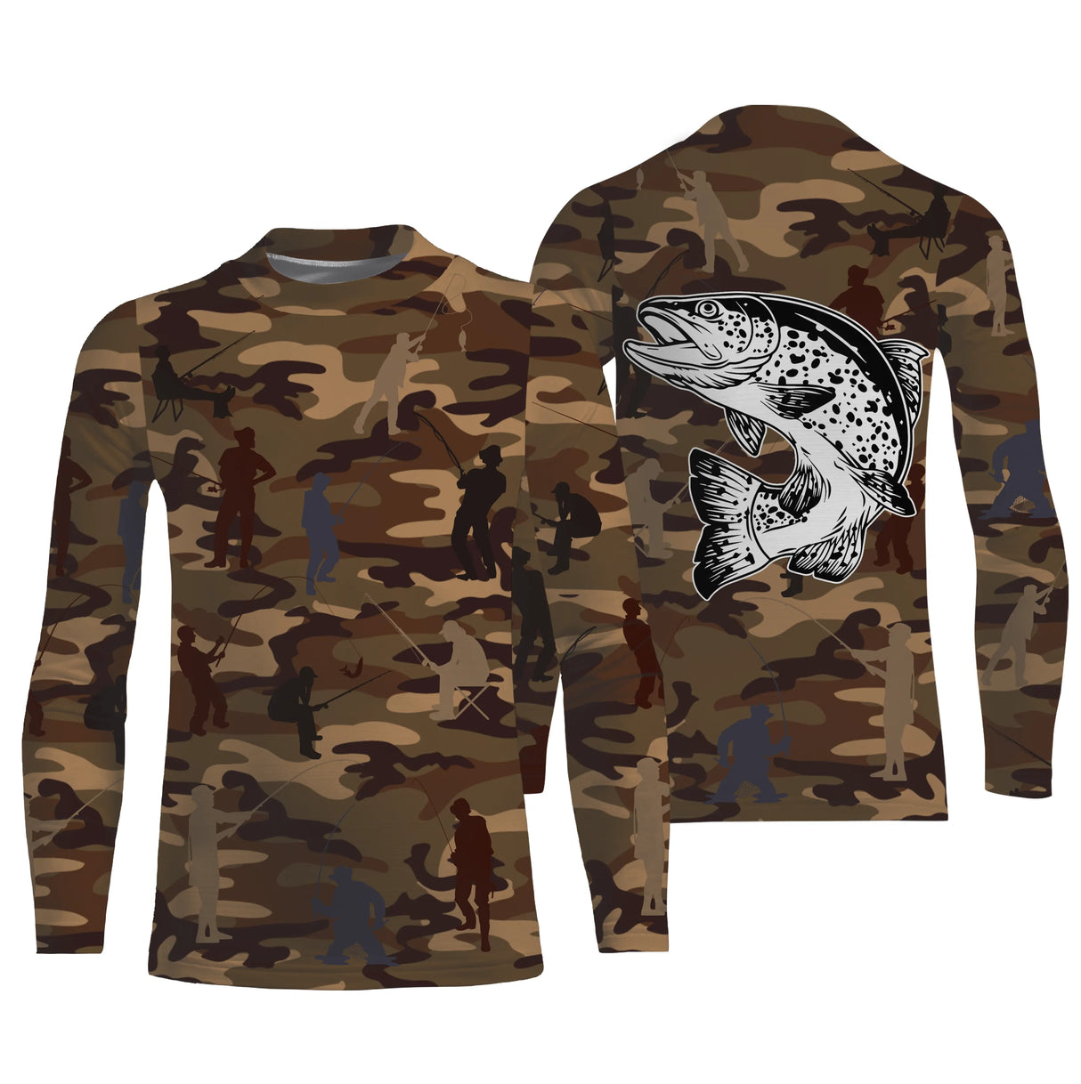 Anti-UV t-shirt manches longues pêche camouflage marron truite salmonidé silhouettes pêcheurs