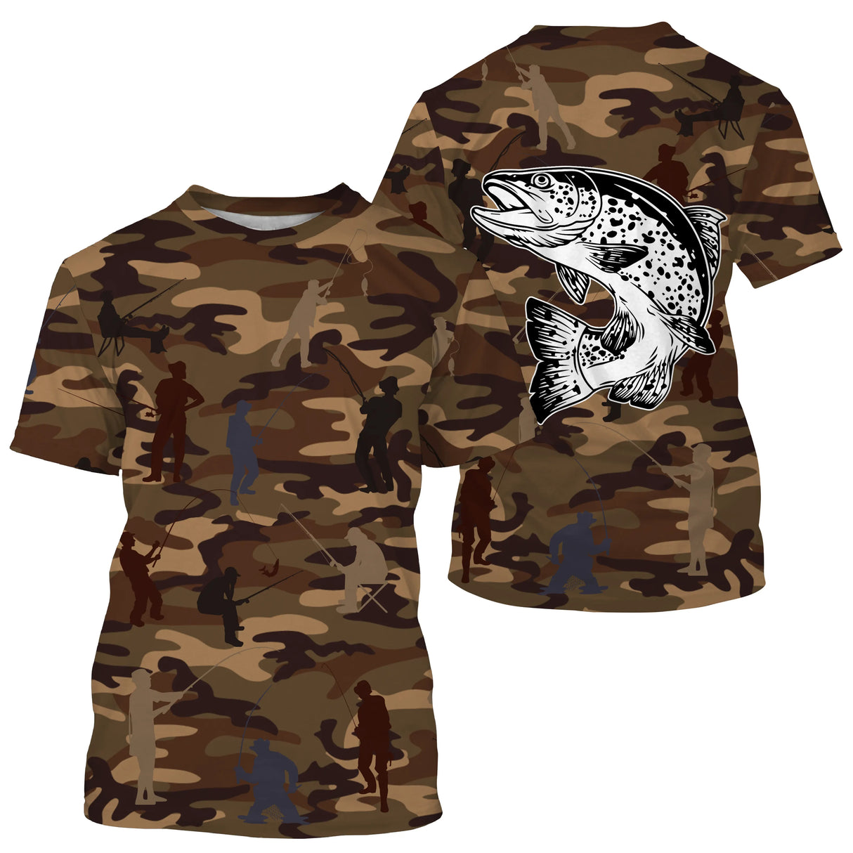 T-shirt pêche all-over col rond camouflage marron beige truite bondissante silhouettes pêcheurs salmonidé