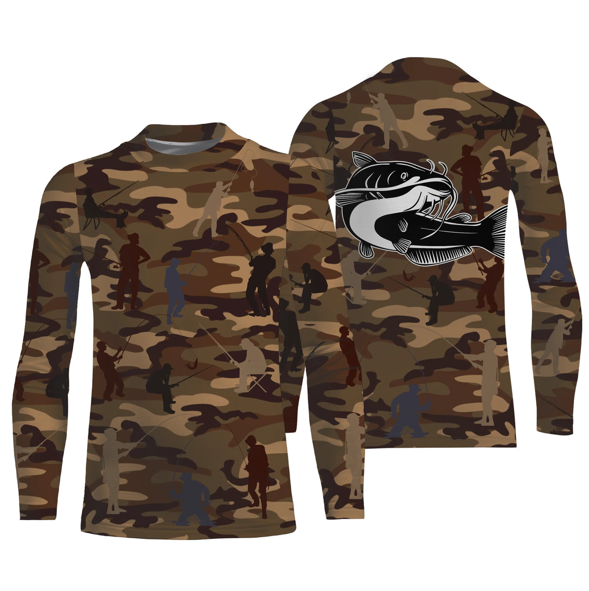 Anti-UV t-shirt manches longues pêche camouflage marron silure carnassier silhouettes pêcheurs