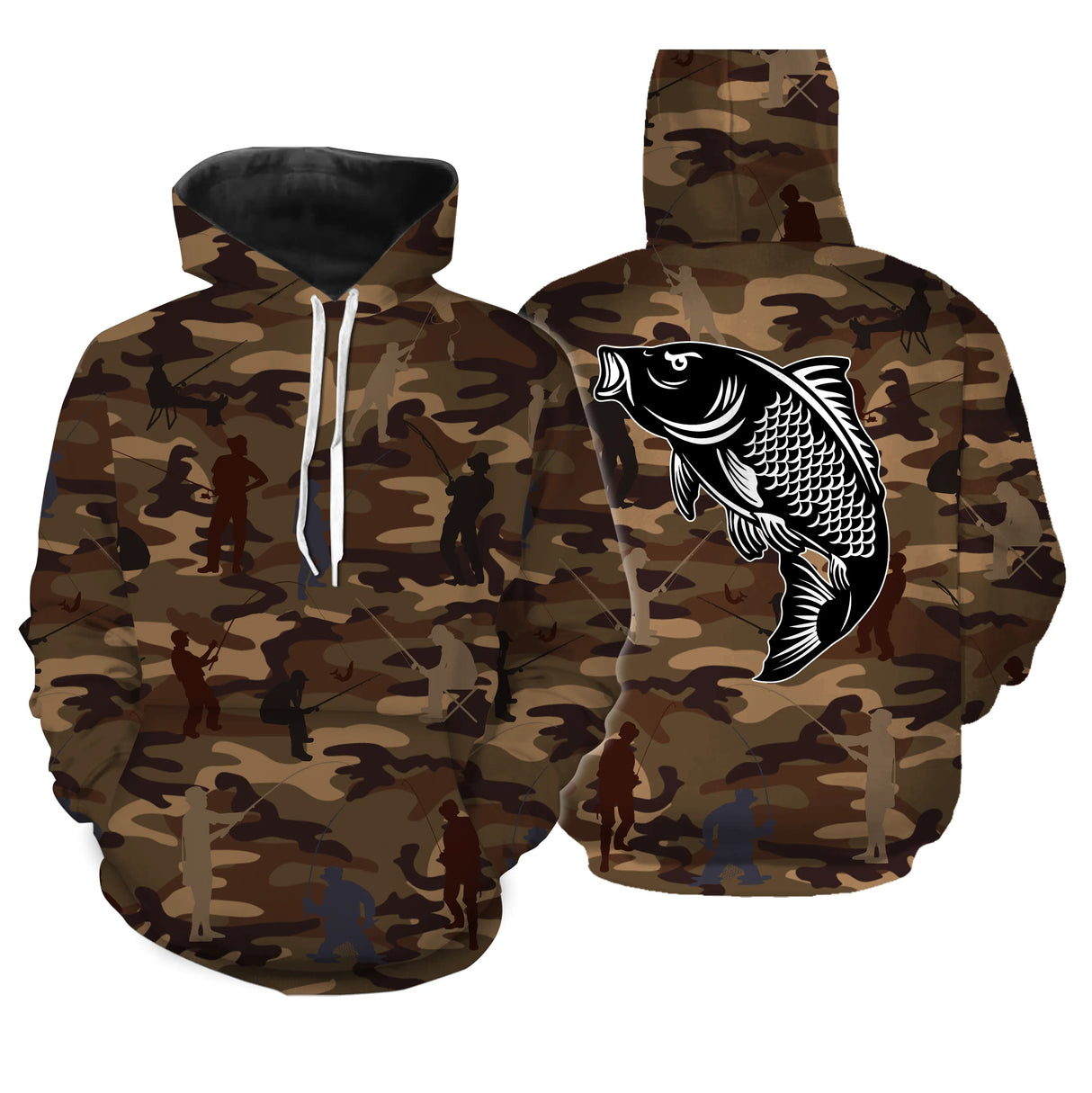 Sweat capuche zippé pêche camouflage marron carpe silhouettes pêcheurs