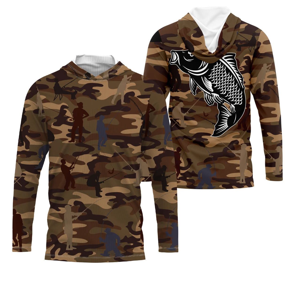 Sweater pêche unisexe camouflage marron carpe silhouettes pêcheurs tissu doux