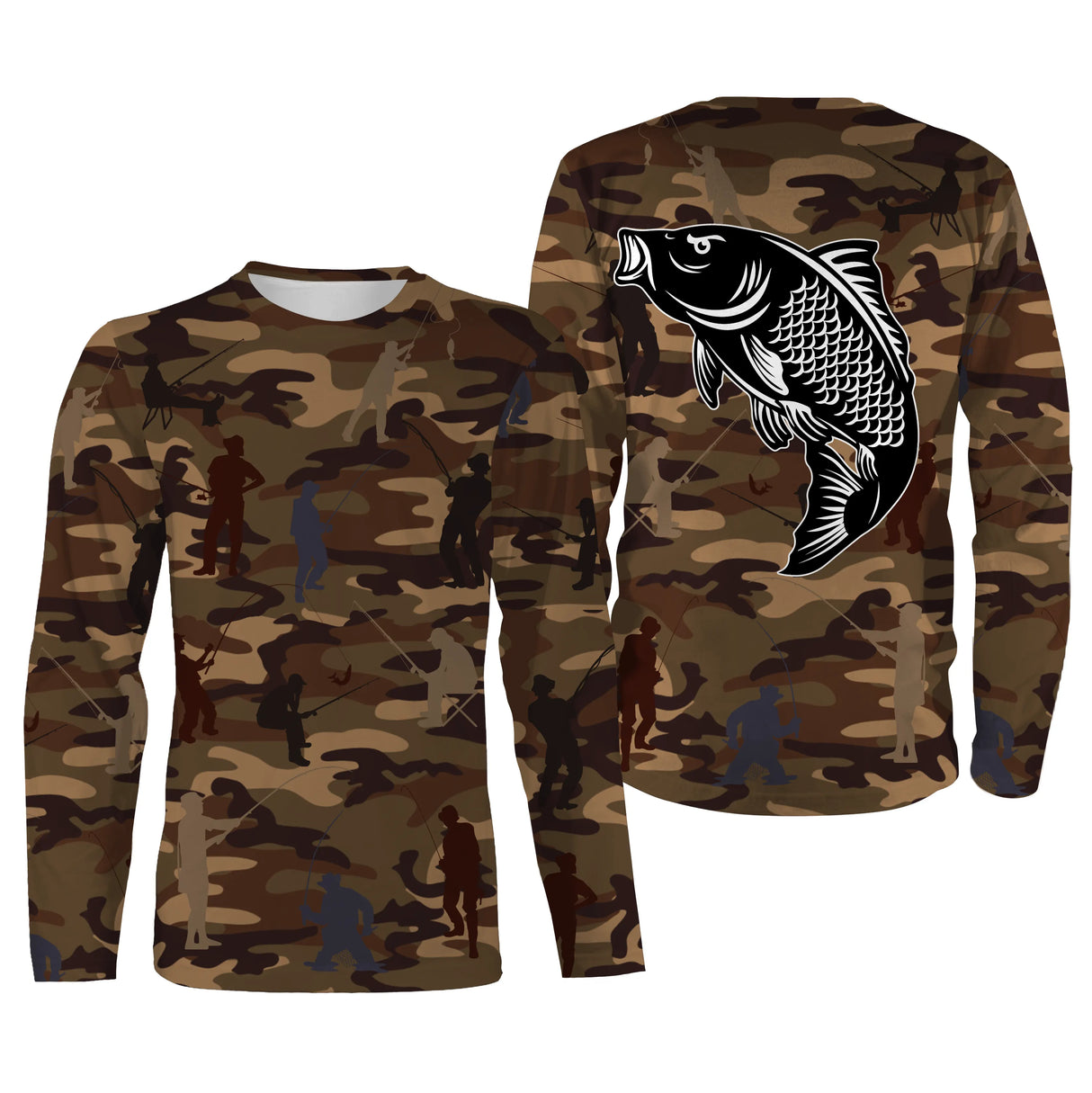 Anti-UV t-shirt à capuche pêche unisexe camouflage marron carpe silhouettes pêcheurs étang