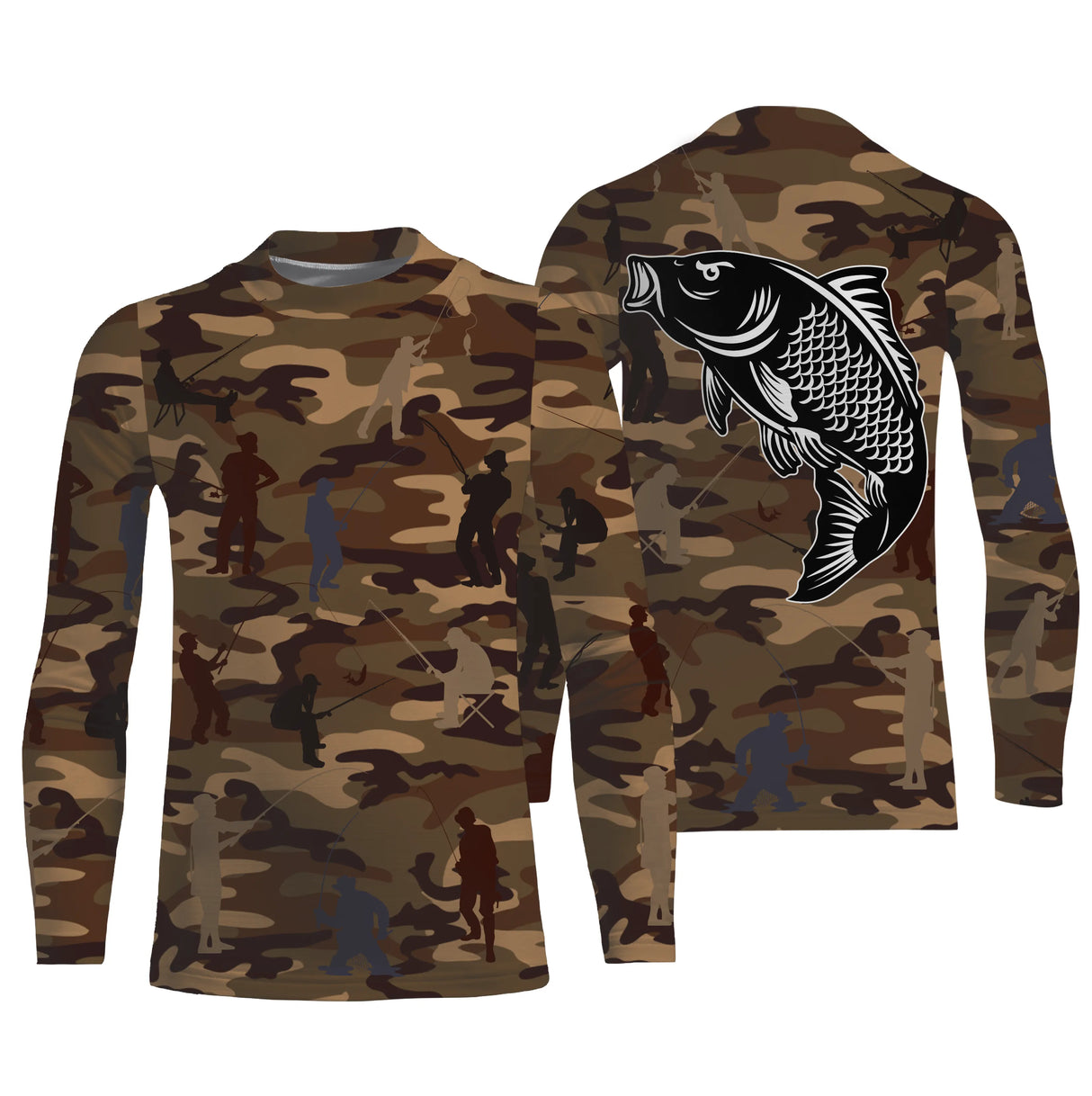 Anti-UV t-shirt manches longues pêche camouflage marron carpe silhouettes pêcheurs carpiste