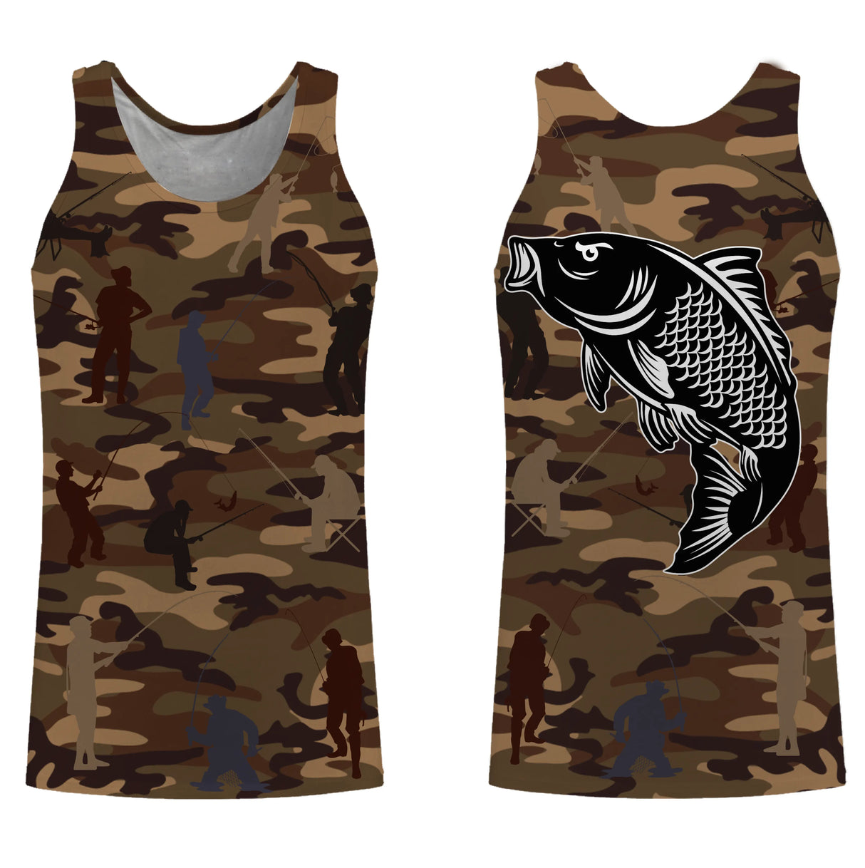 T-shirt pêche enfant manches longues camouflage marron carpe silhouettes pêcheurs