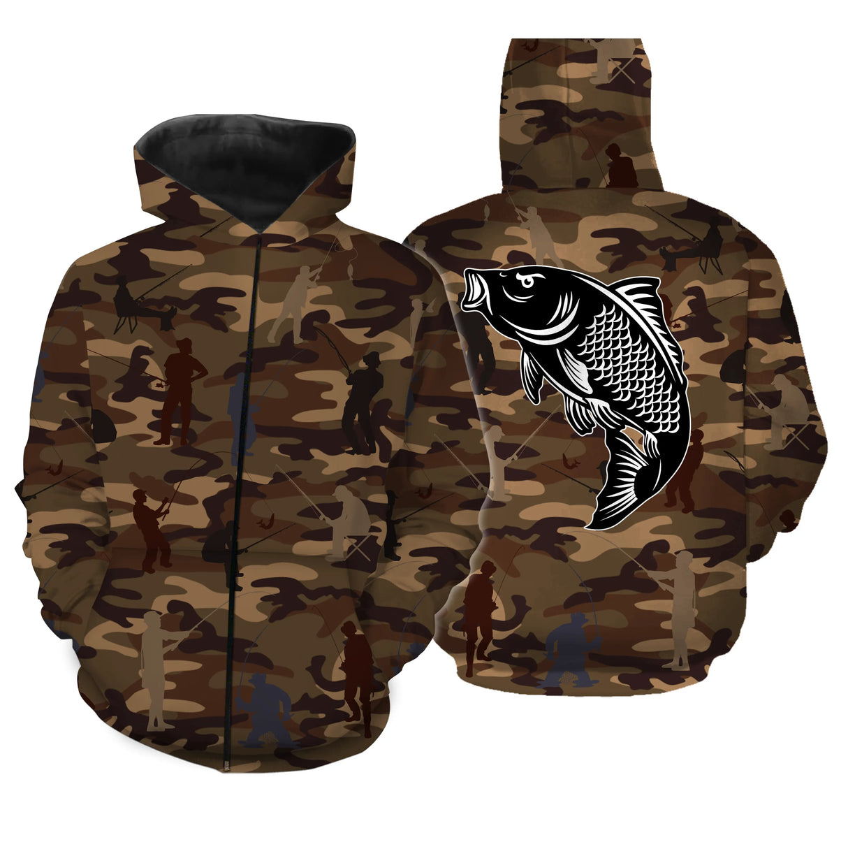 T-shirt pêche unisexe manches longues camouflage marron carpe silhouettes pêcheurs