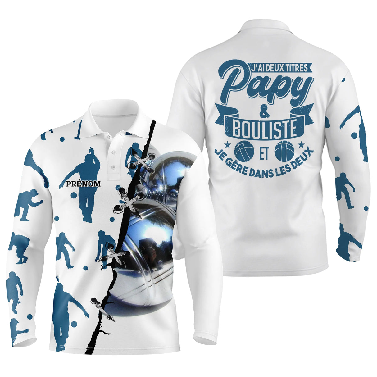 Polo pétanque blanc bleu vue dos message papy bouliste deux titres silhouettes joueurs en bleu
