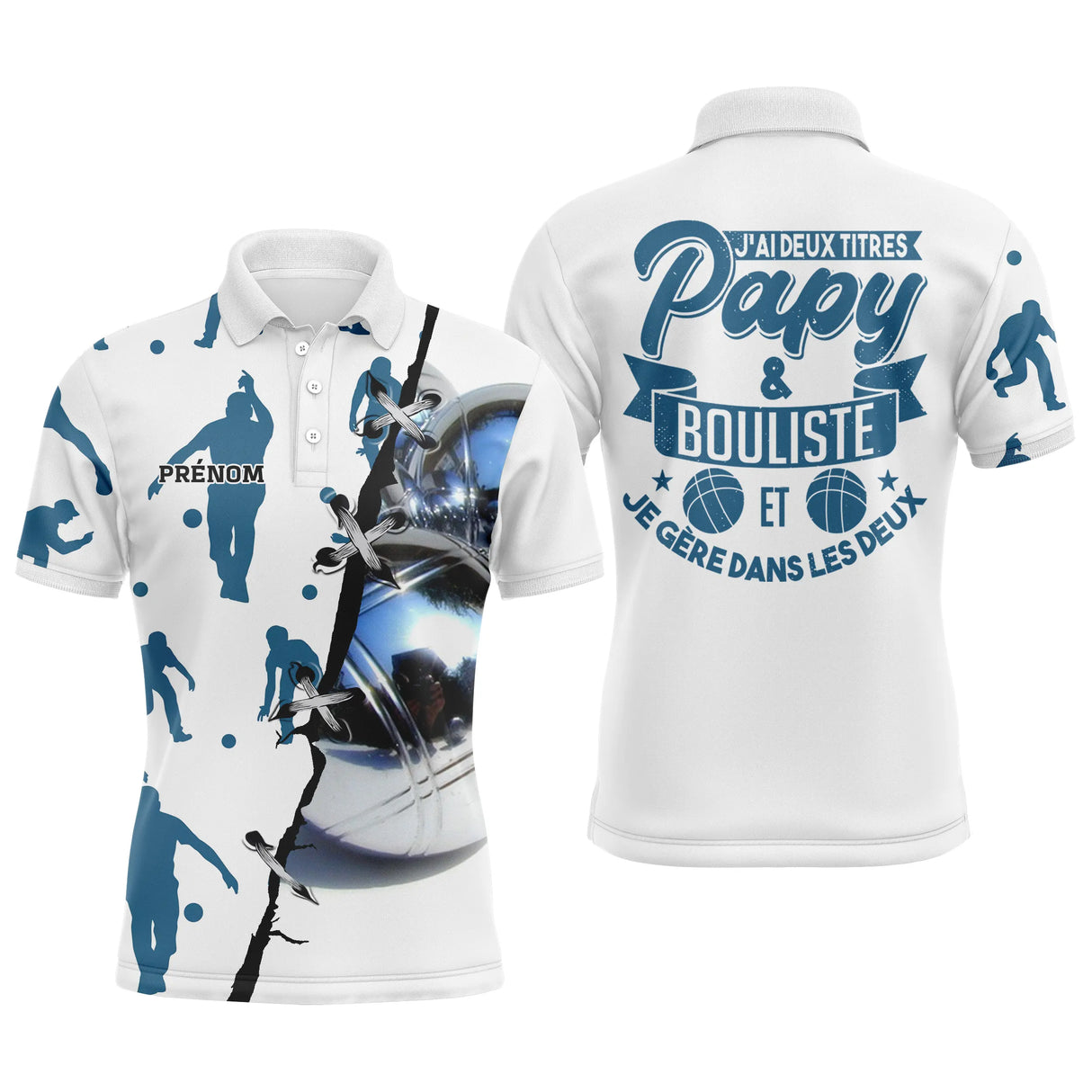 Polo pétanque blanc et bleu silhouettes joueurs lancer boule réaliste message j'ai deux titres papy bouliste PRÉNOM