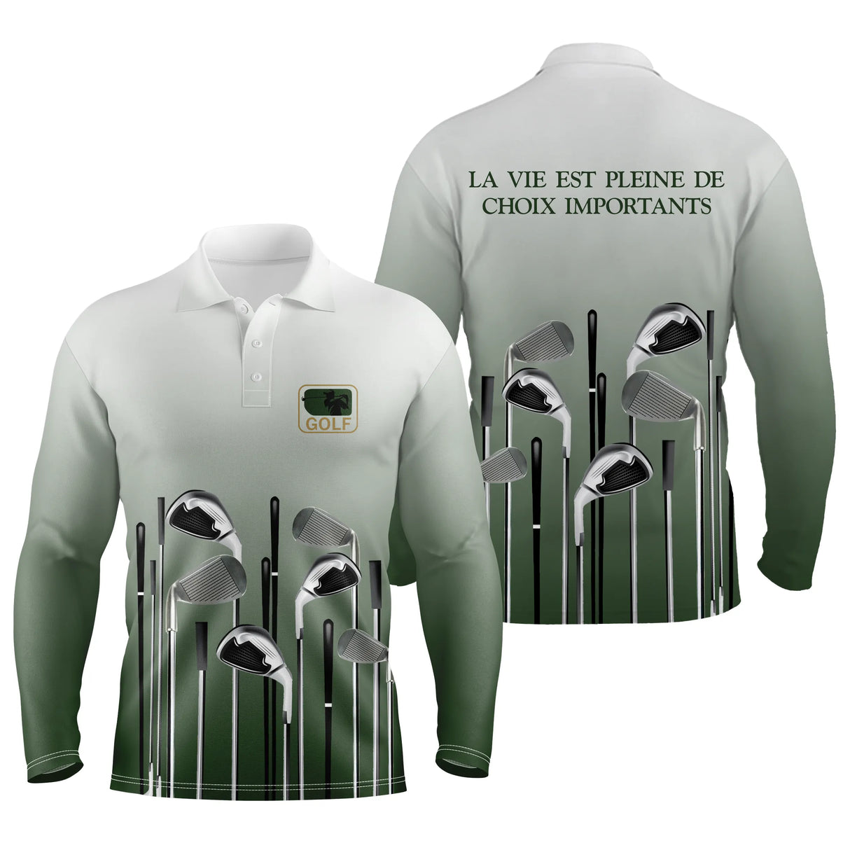 Polo golf manches longues unisexe dégradé blanc vert clubs alignés motif élégant