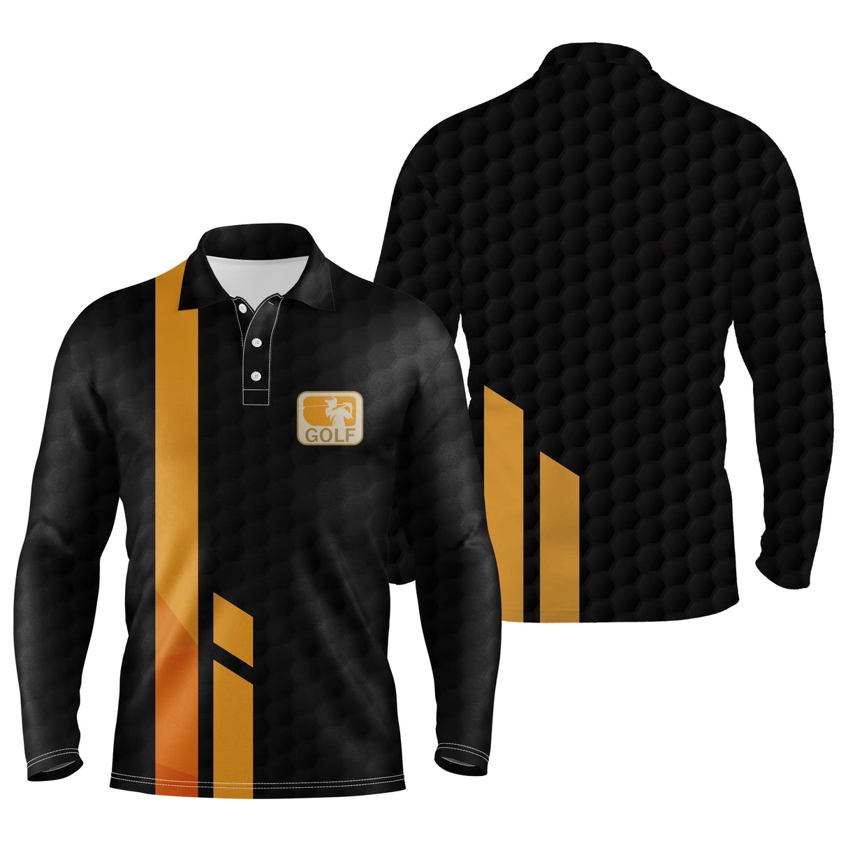 Polo golf manches longues unisexe noir avec bandes jaune orangé motif balle vue dos