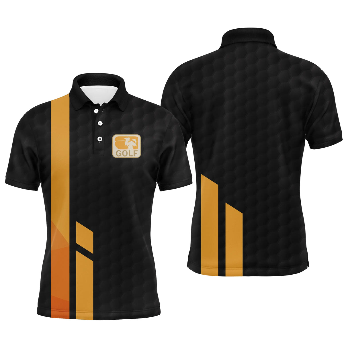 Polo golf homme noir et jaune bandes verticales orangées badge balle de golf vue avant