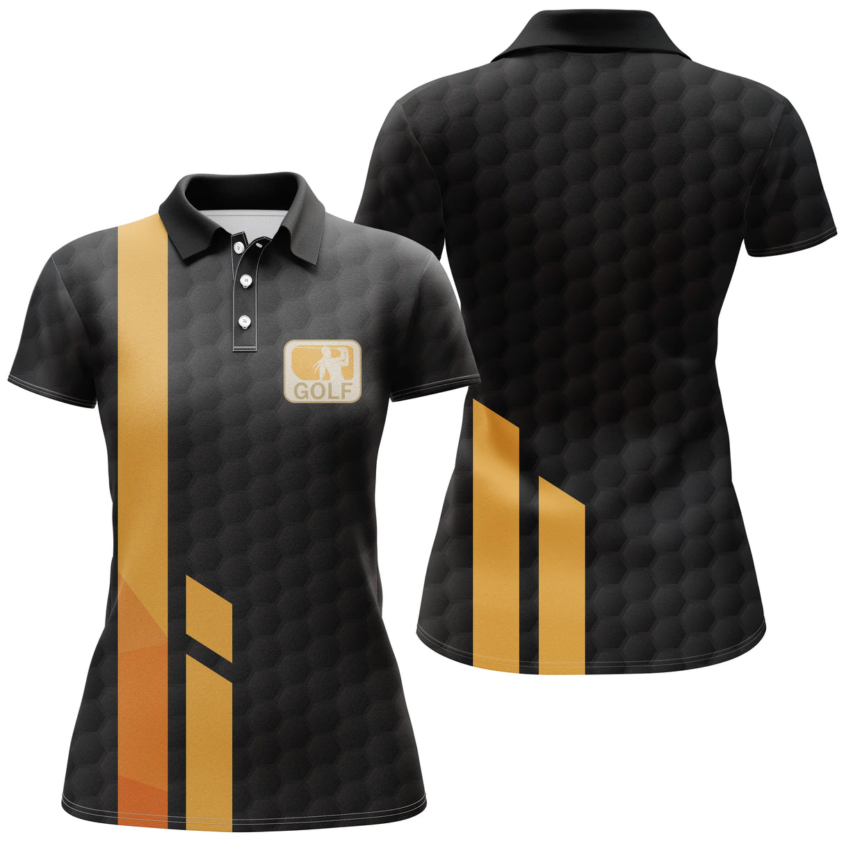 Polo golf femme noir et jaune coupe cintrée bandes contrastées badge brodé personnalisable