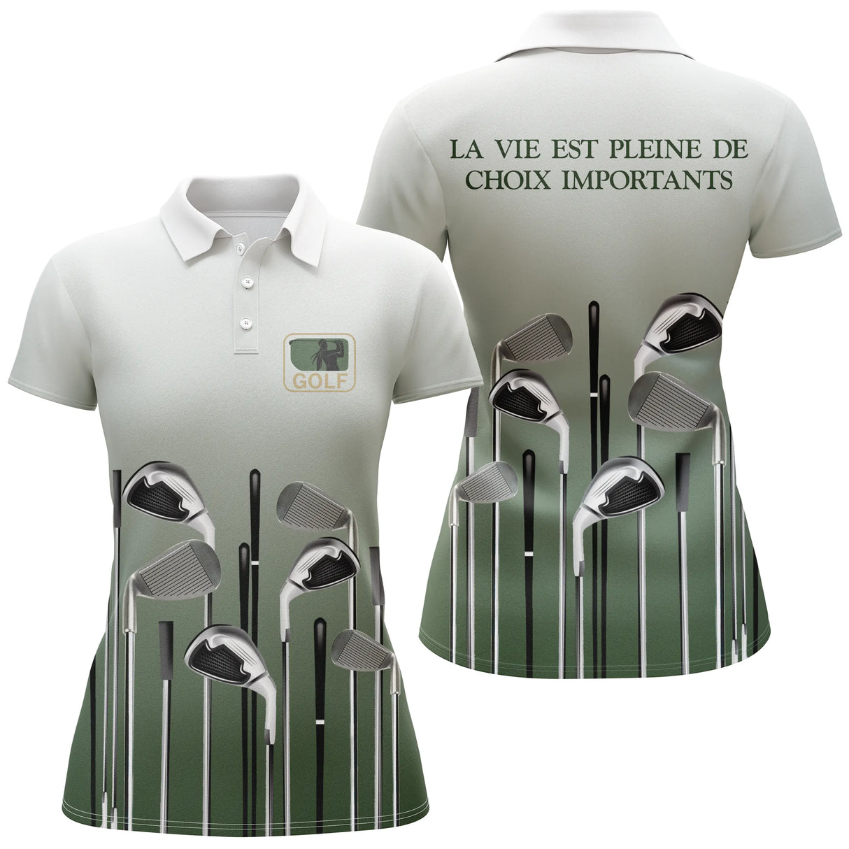 Polo golf femme blanc vert slogan La vie est pleine de choix importants vue dos personnalisable