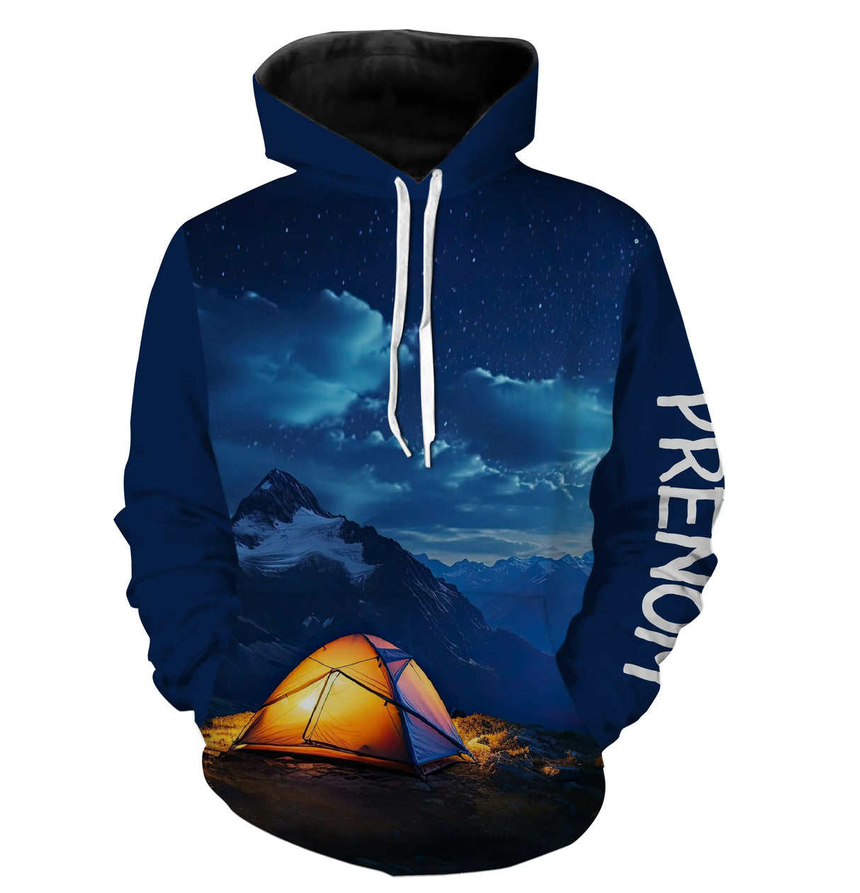 T-shirt variante manches longues all-over aventure nocturne ciel étoilé et tente orange, prénom p