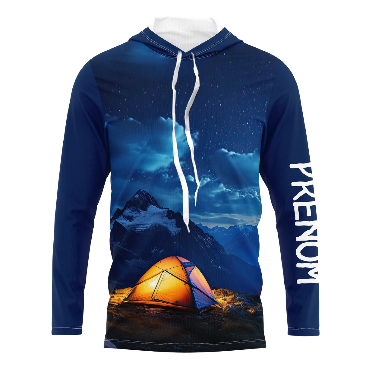 T-shirt unisexe manches longues all-over aventure nocturne ciel étoilé et tente orange, prénom personnalisé