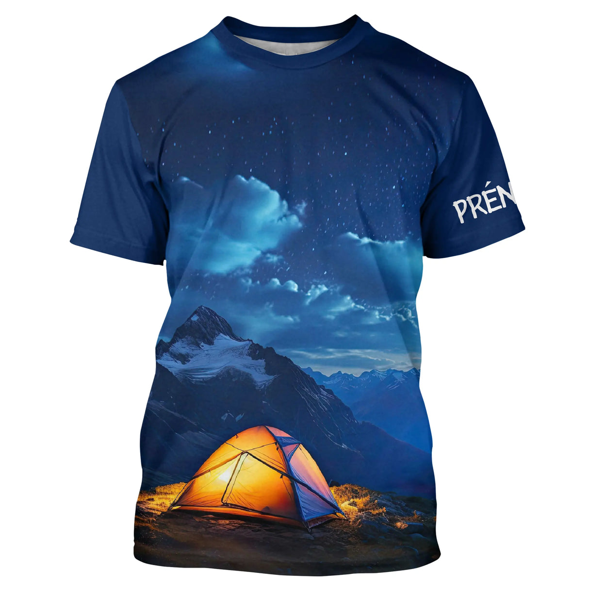 T-shirt variante manches longues all-over aventure nocturne ciel étoilé et tente orange, prénom p