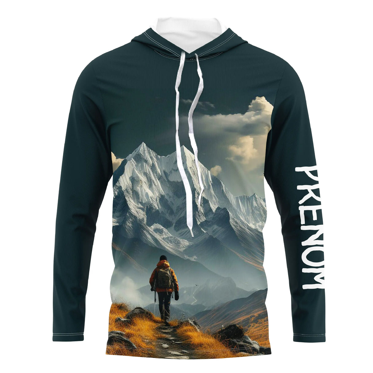 T-shirt variante all-over avec randonneur alpin sur sentier de montagne enneigée, prénom personna