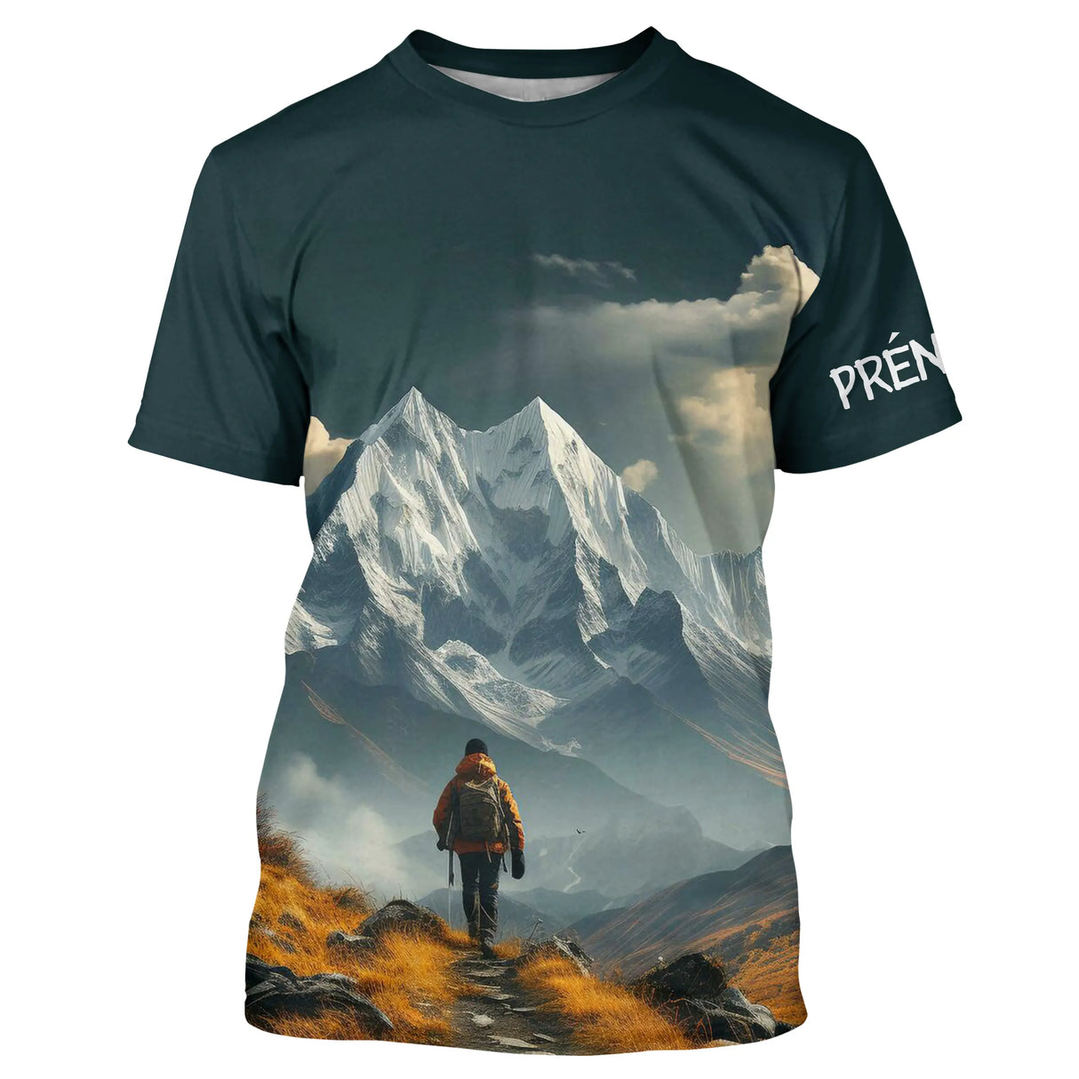 T-shirt unisexe all-over avec randonneur alpin sur sentier de montagne enneigée, prénom personnalisé