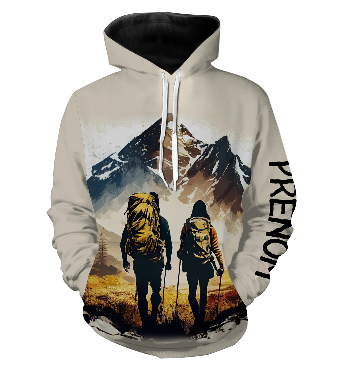 T-shirt variante all-over duo de randonneurs en montagne avec sacs à dos, prénom personnalisé