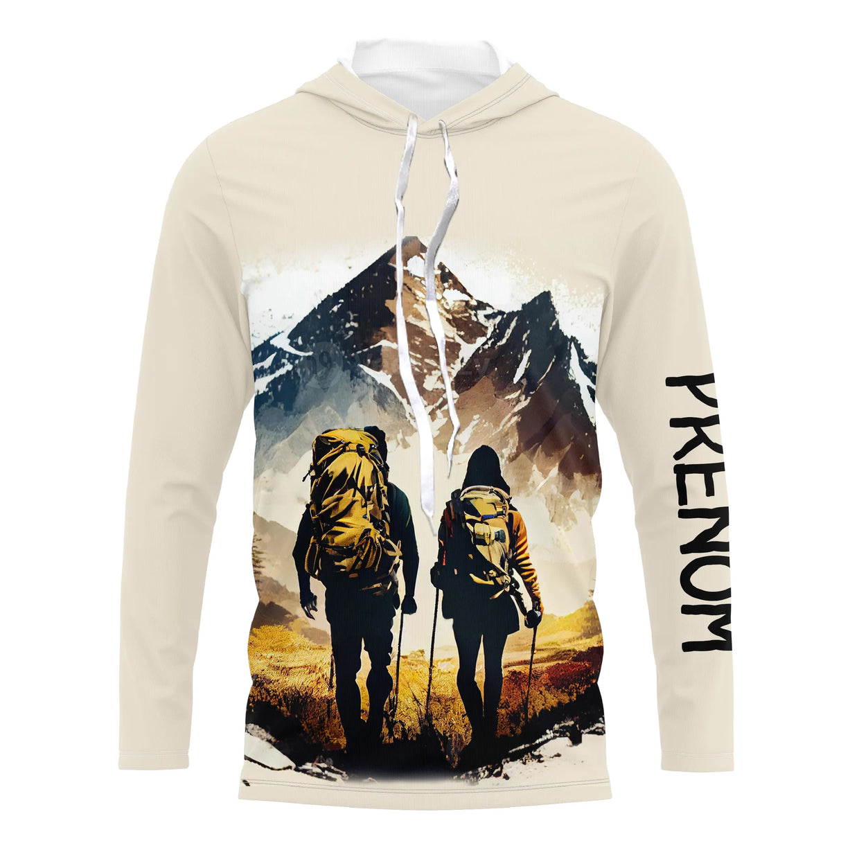 T-shirt variante all-over duo de randonneurs en montagne avec sacs à dos, prénom personnalisé