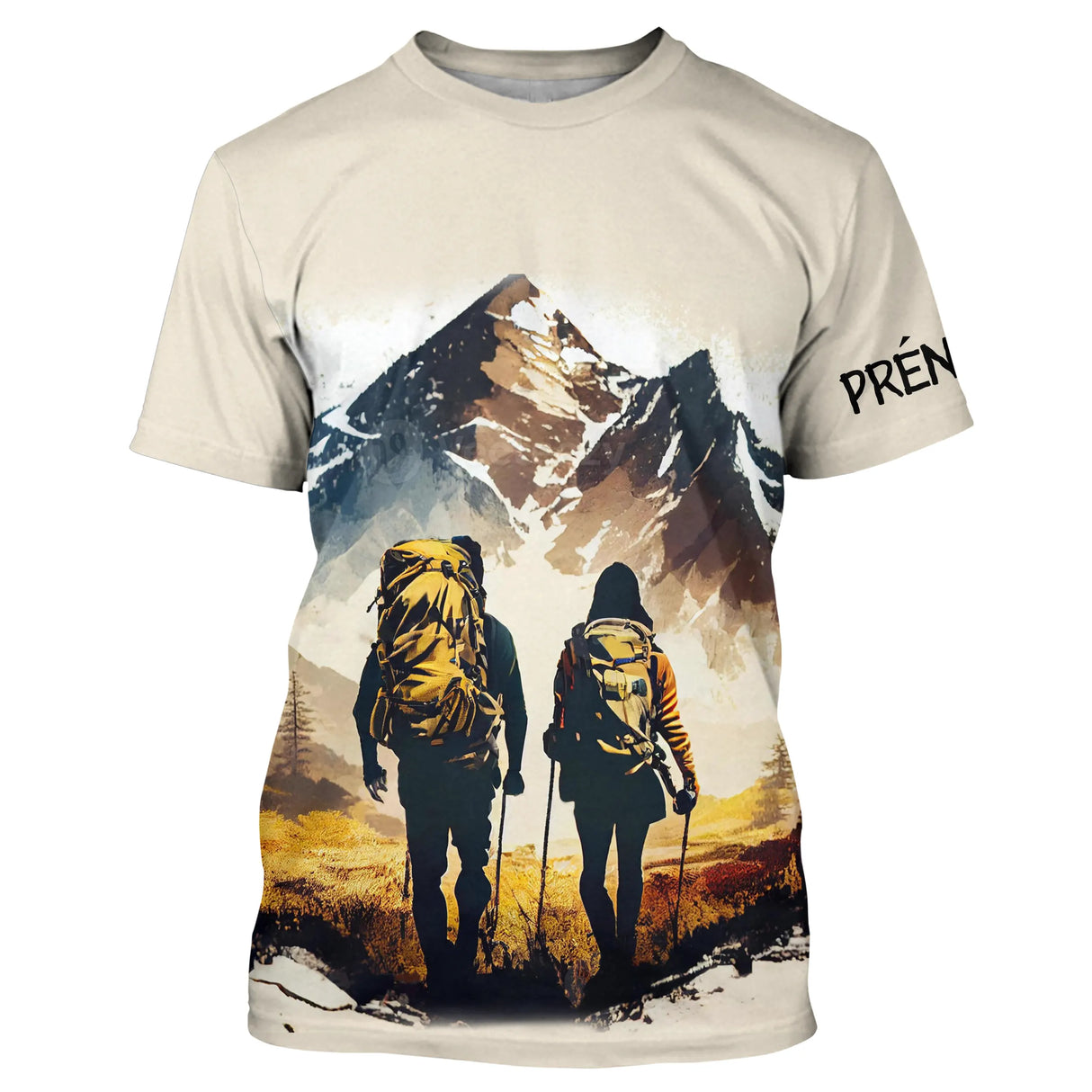 T-shirt unisexe all-over duo de randonneurs en montagne avec sacs à dos, prénom personnalisé