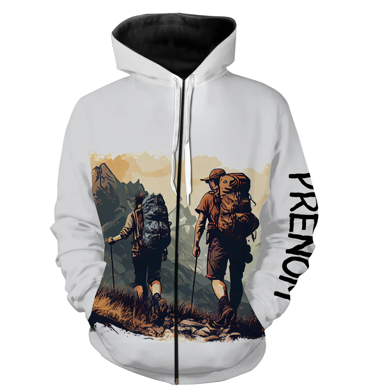 T-shirt randonnée blanc all-over unisexe avec duo randonneurs sur sentier de montagne, prénom personnalisé