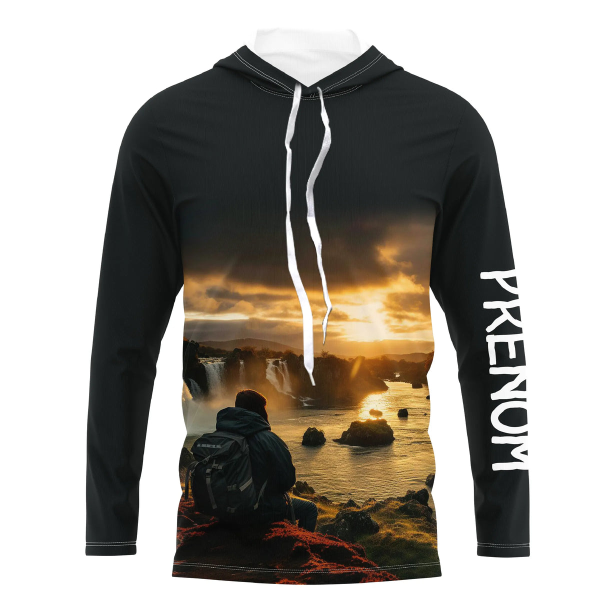 T-shirt randonnée noir all-over unisexe avec contemplation cascade et coucher de soleil, prénom personnalisé