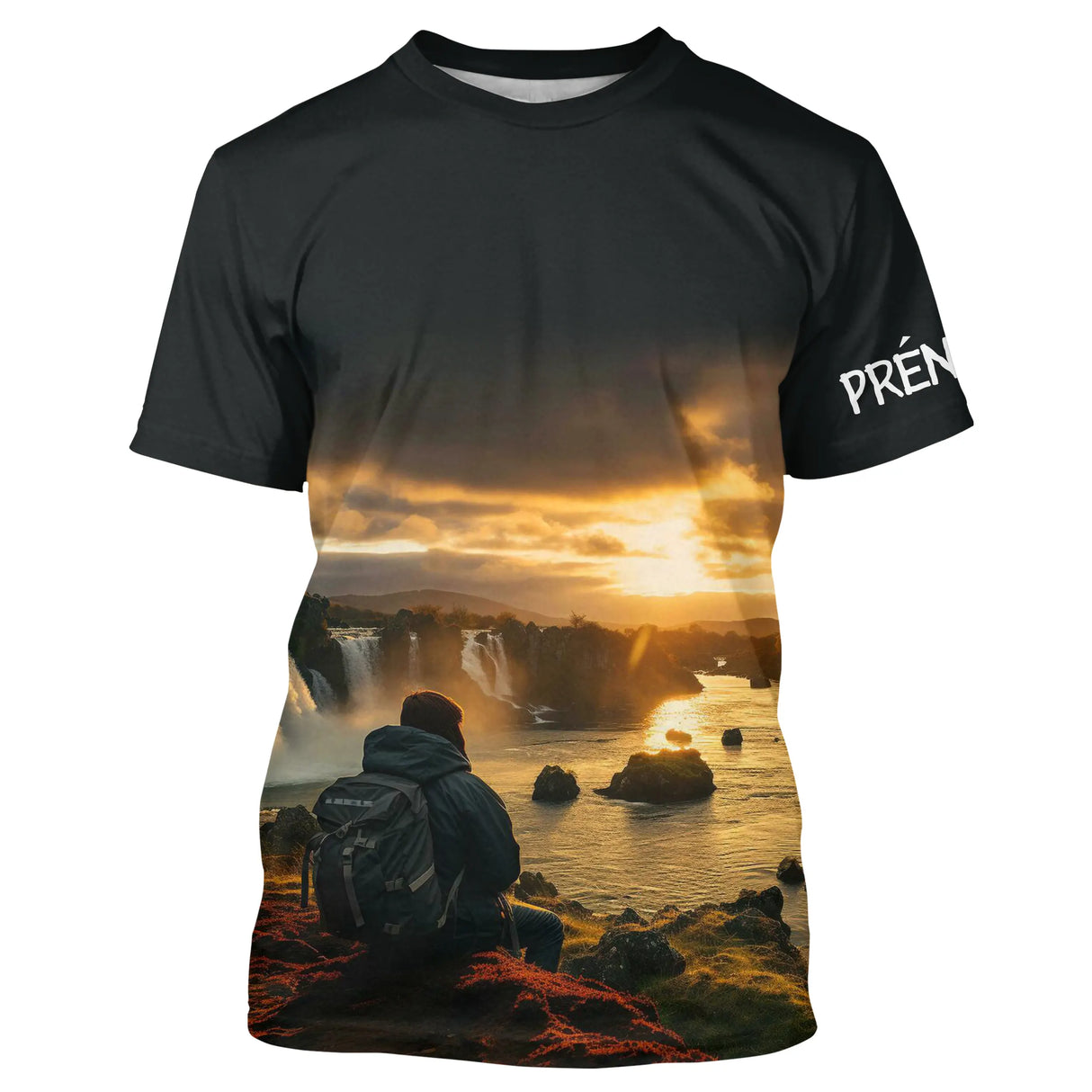 T-shirt randonnée noir all-over unisexe avec contemplation cascade et coucher de soleil, prénom personnalisé
