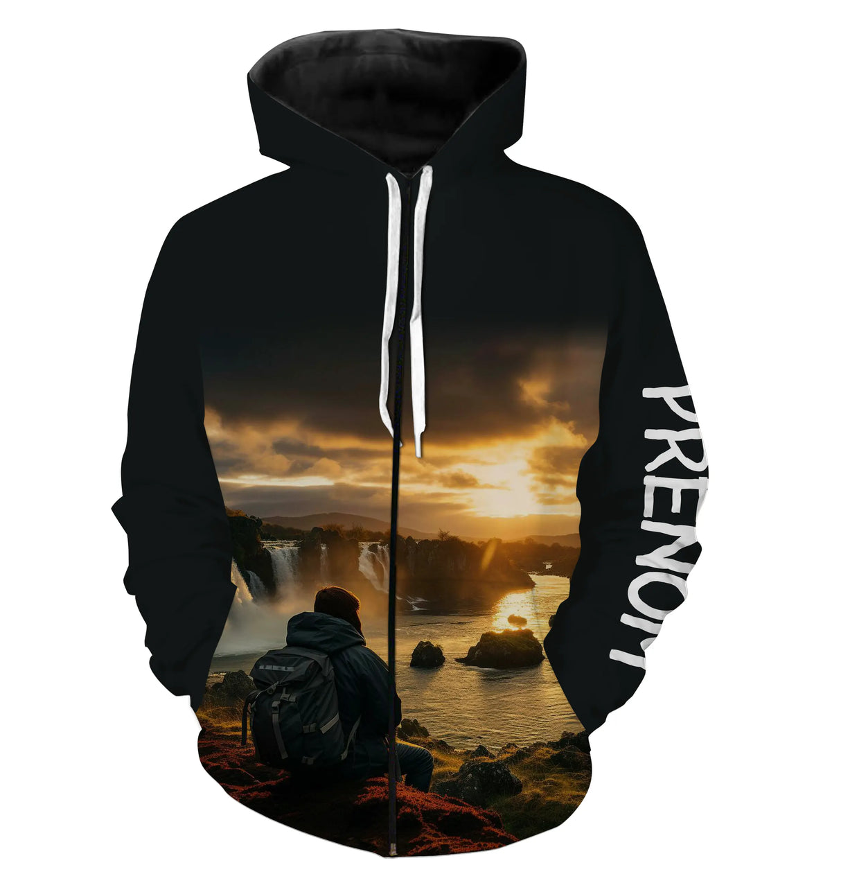 T-shirt randonnée noir all-over unisexe avec contemplation cascade et coucher de soleil, prénom personnalisé