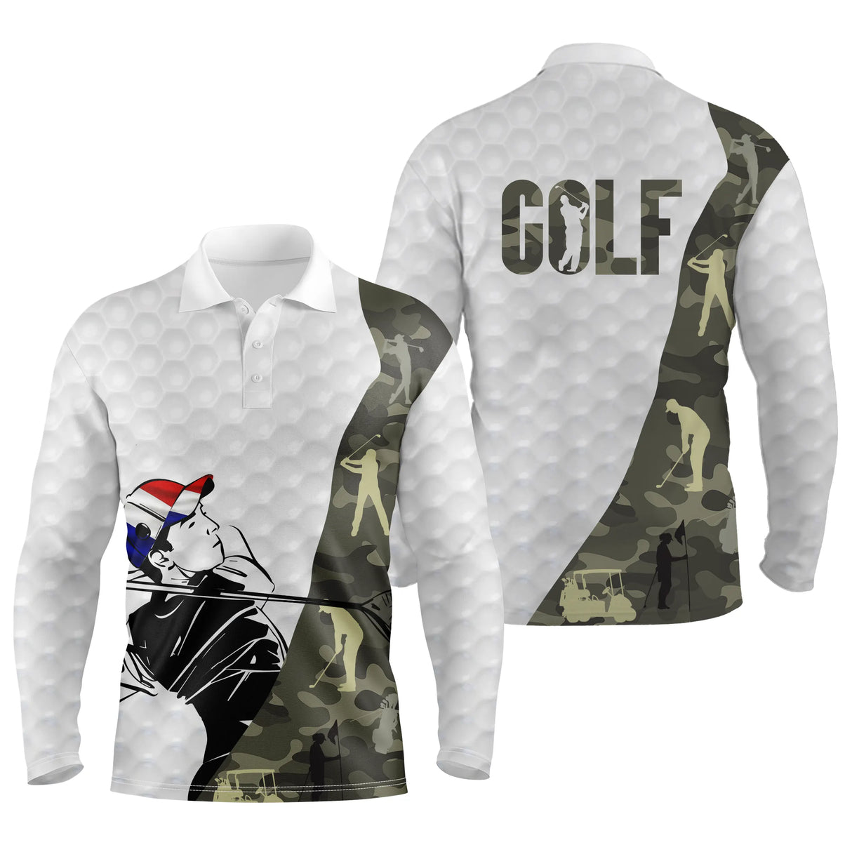 Polo golf manches longues unisexe blanc camouflage kaki silhouette joueur golf vue dos
