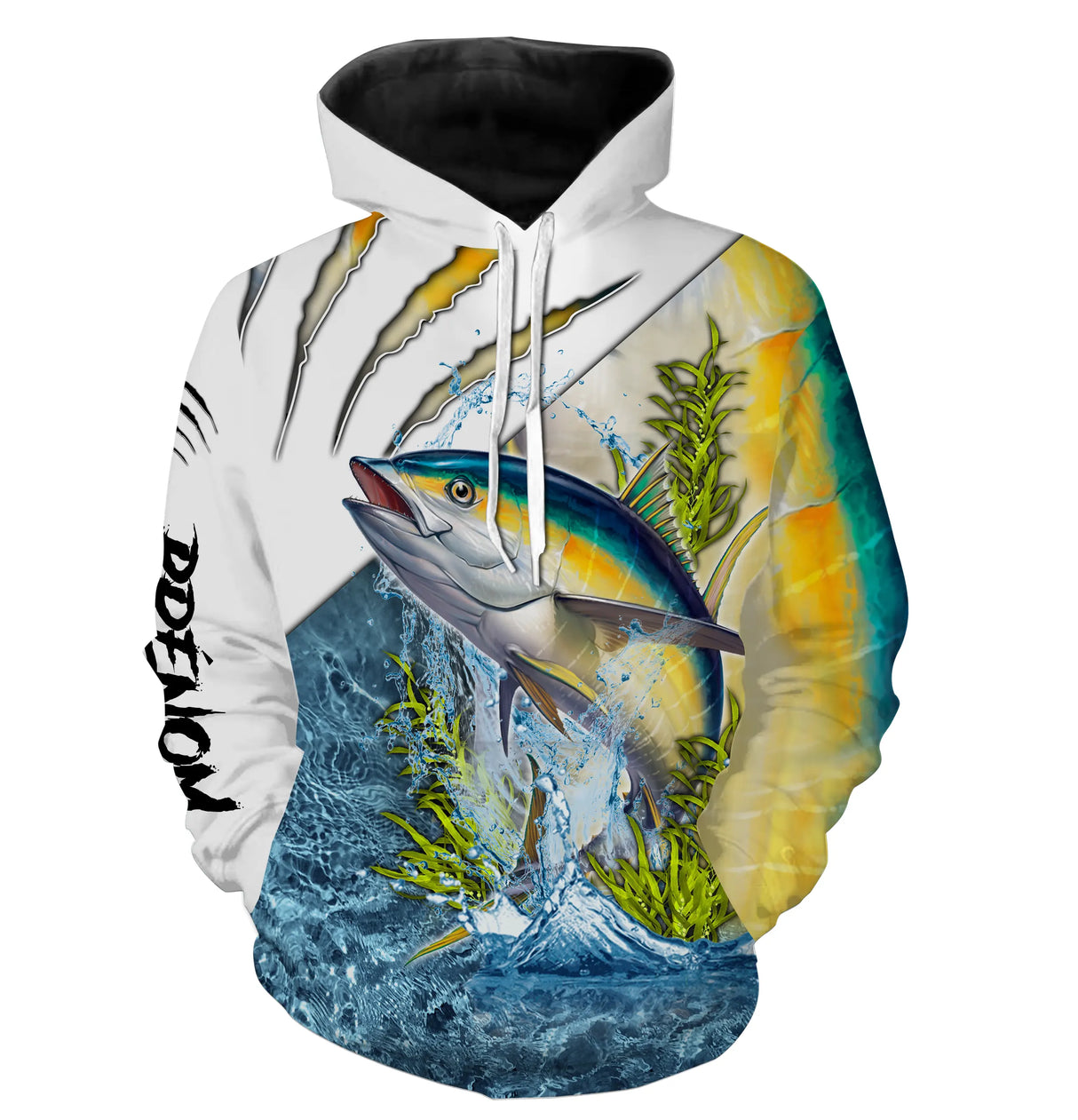 Anti-UV à capuche t-shirt pêche au thon vert eau jaune, tenue pêche en mer avec prénom personnalisé