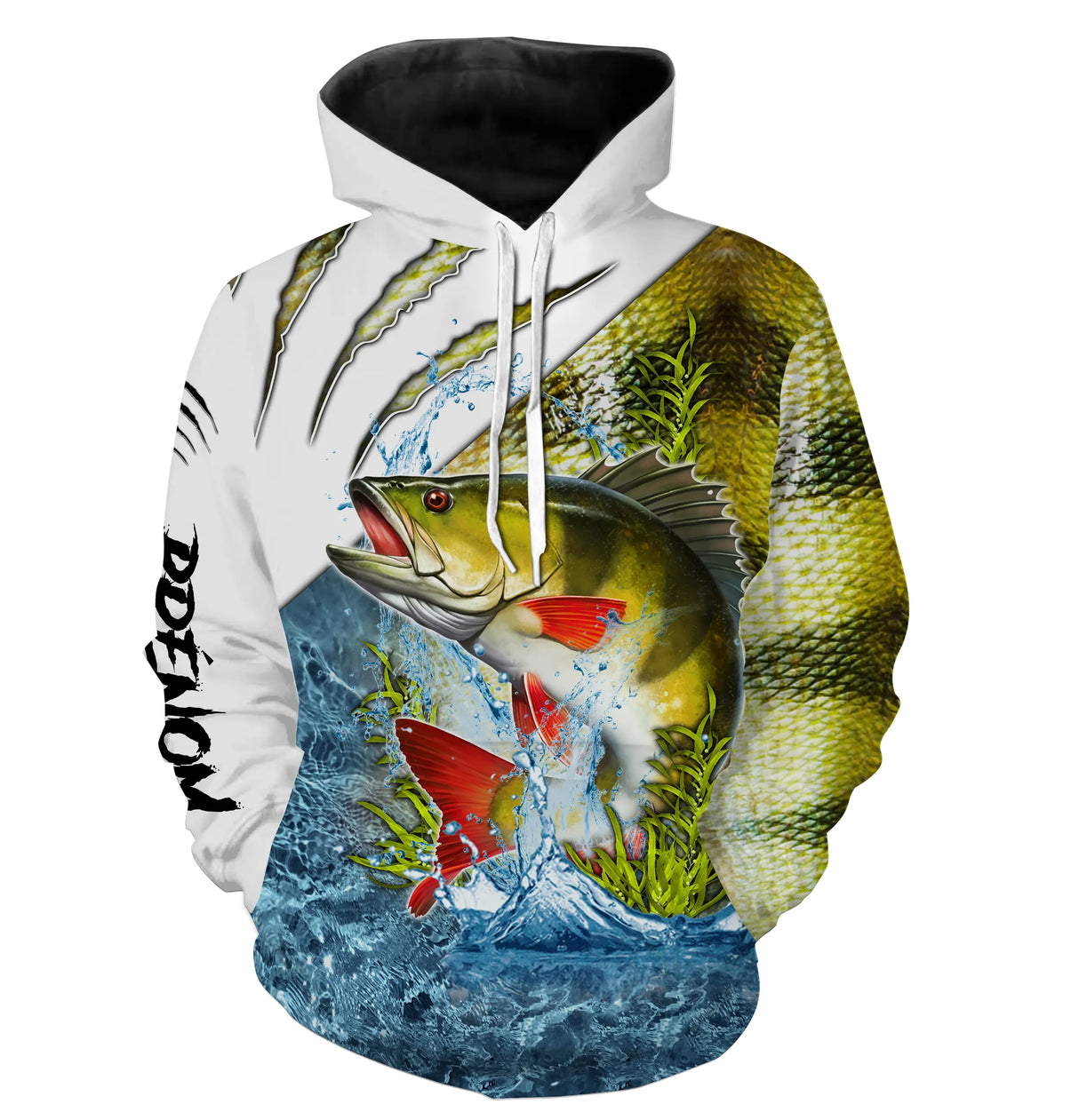 Anti-UV à capuche t-shirt pêche de la perche vert jaune, tenue pêche eau douce avec prénom personnalisé