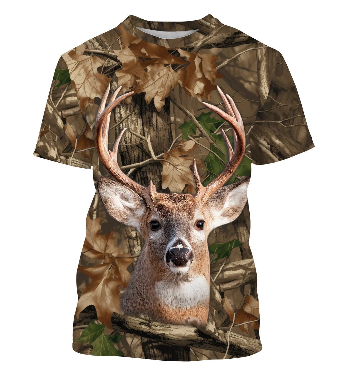 T-shirt chasse all-over camouflage automne unisexe avec cerf majestueux frontal dans la forêt