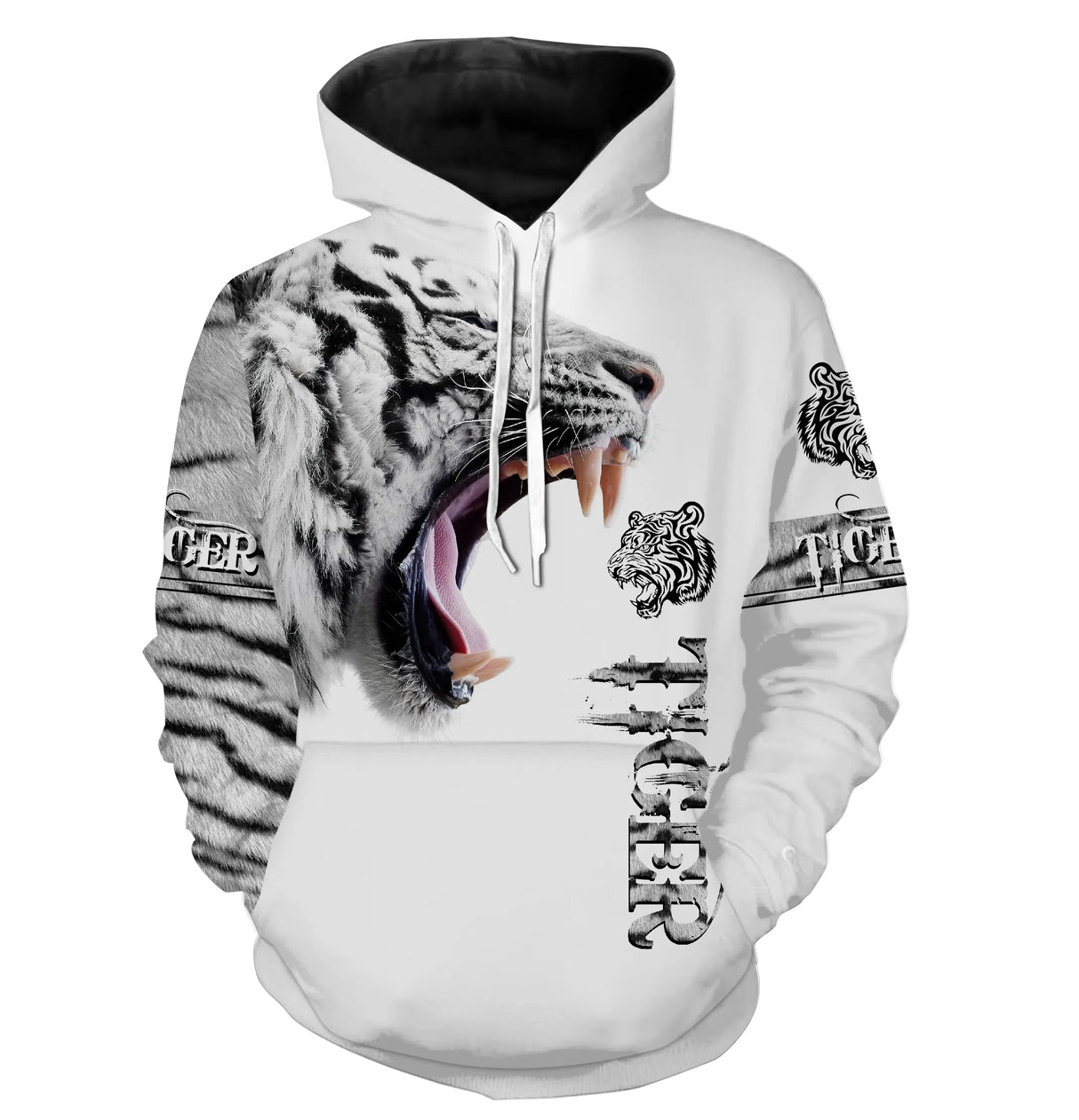 T-shirt all-over blanc unisexe avec tigre rugissant noir et blanc et inscription Tiger faune sauvage