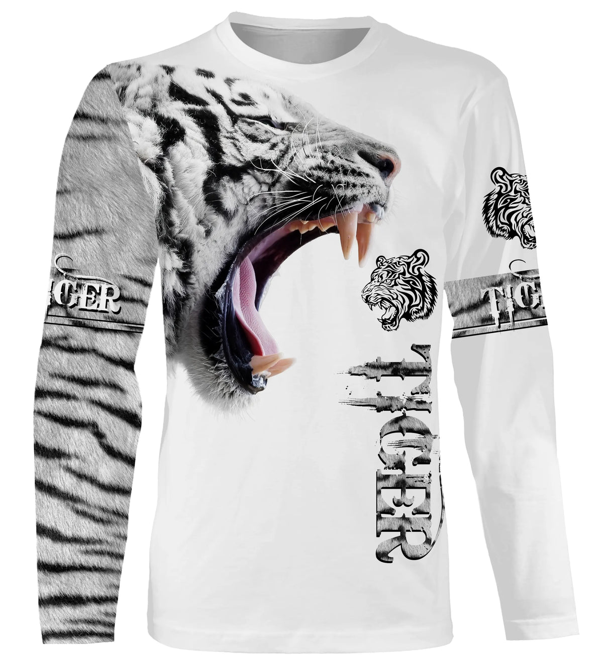 T-shirt all-over blanc unisexe avec tigre rugissant noir et blanc et inscription Tiger faune sauvage
