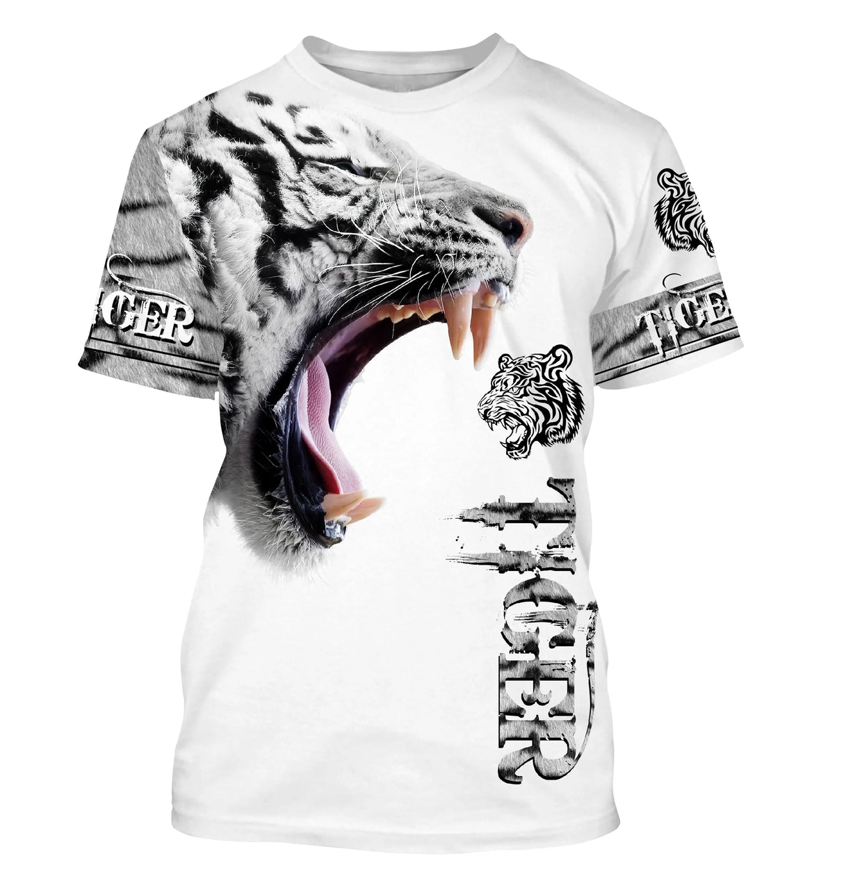 T-shirt all-over blanc unisexe avec tigre rugissant noir et blanc et inscription Tiger faune sauvage