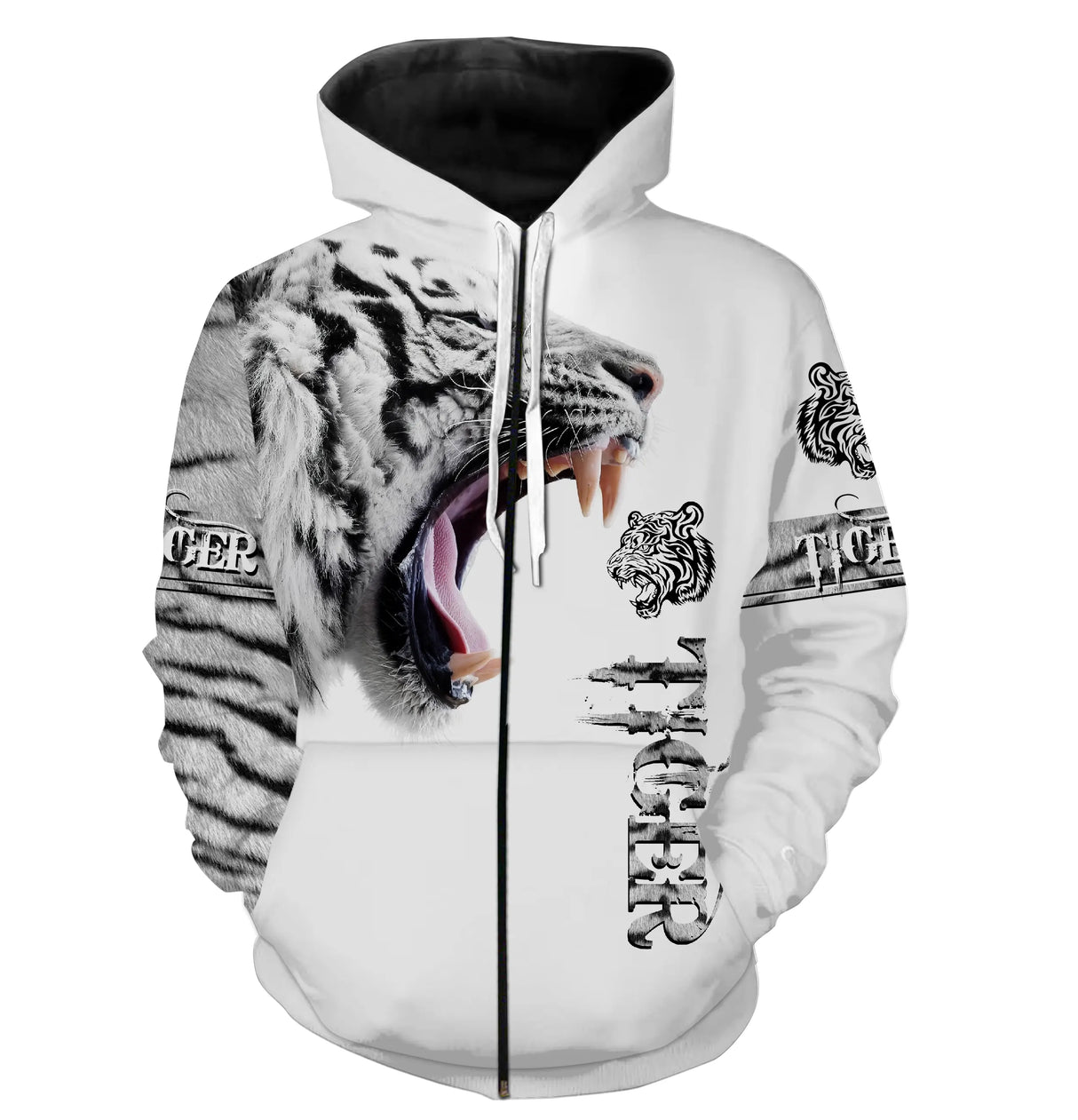 T-shirt all-over blanc unisexe avec tigre rugissant noir et blanc et inscription Tiger faune sauvage