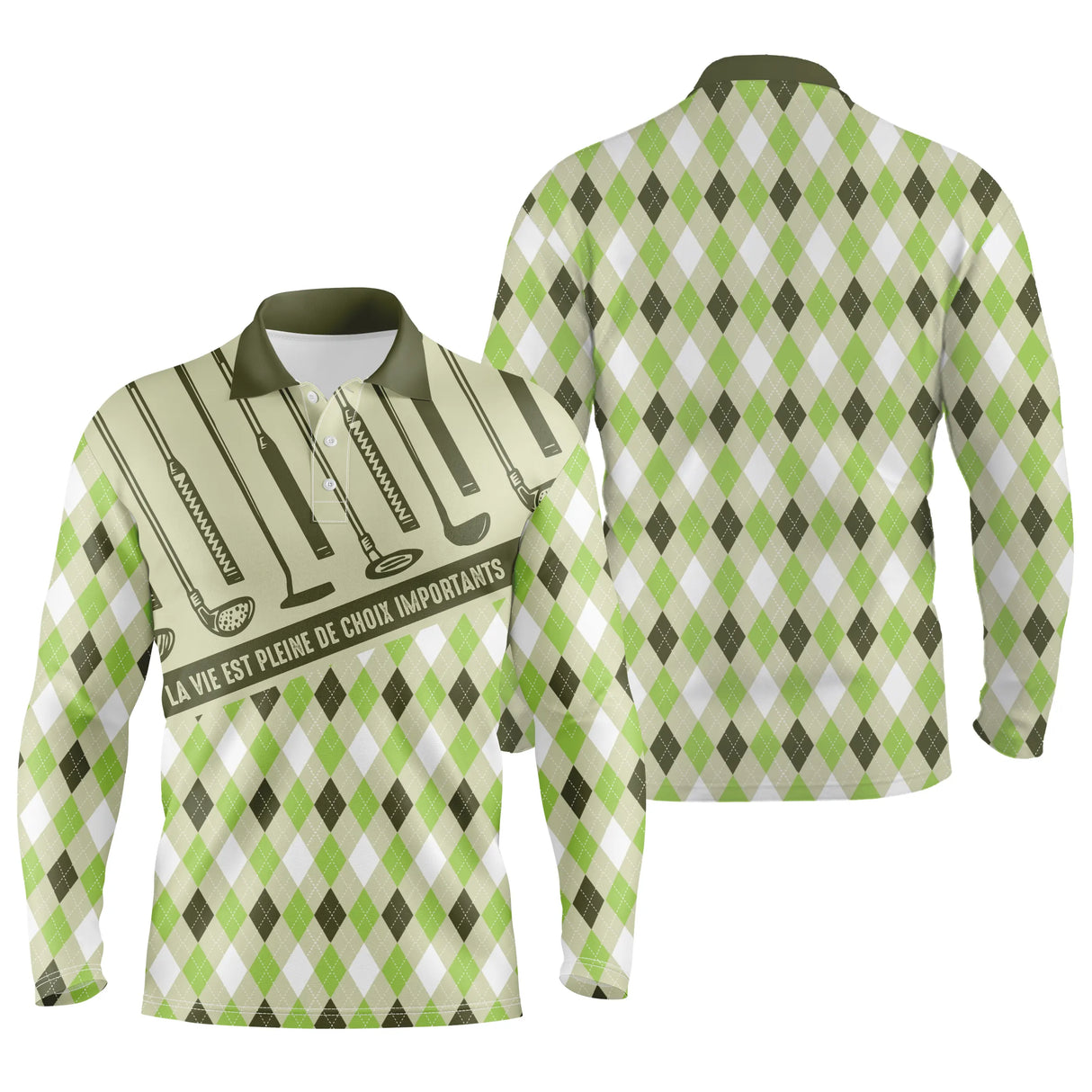 Polo golf manche courte vert argyle clubs golf alignés lettrage gris foncé