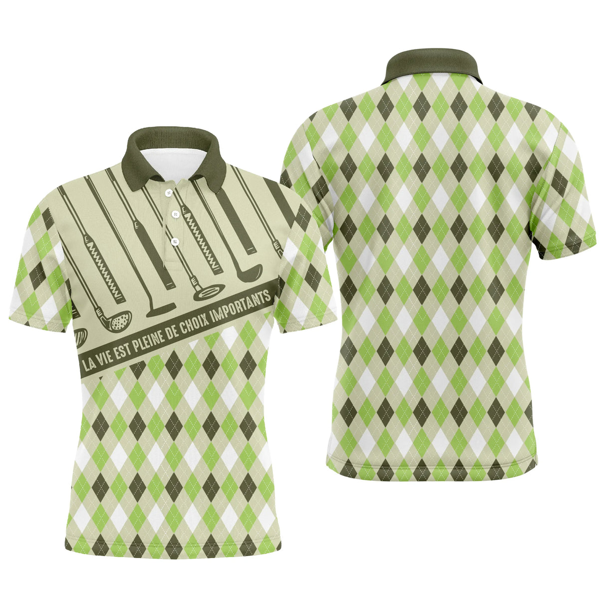 Polo golf homme femme vert argyle La vie est pleine de choix importants avec clubs alignés au dos