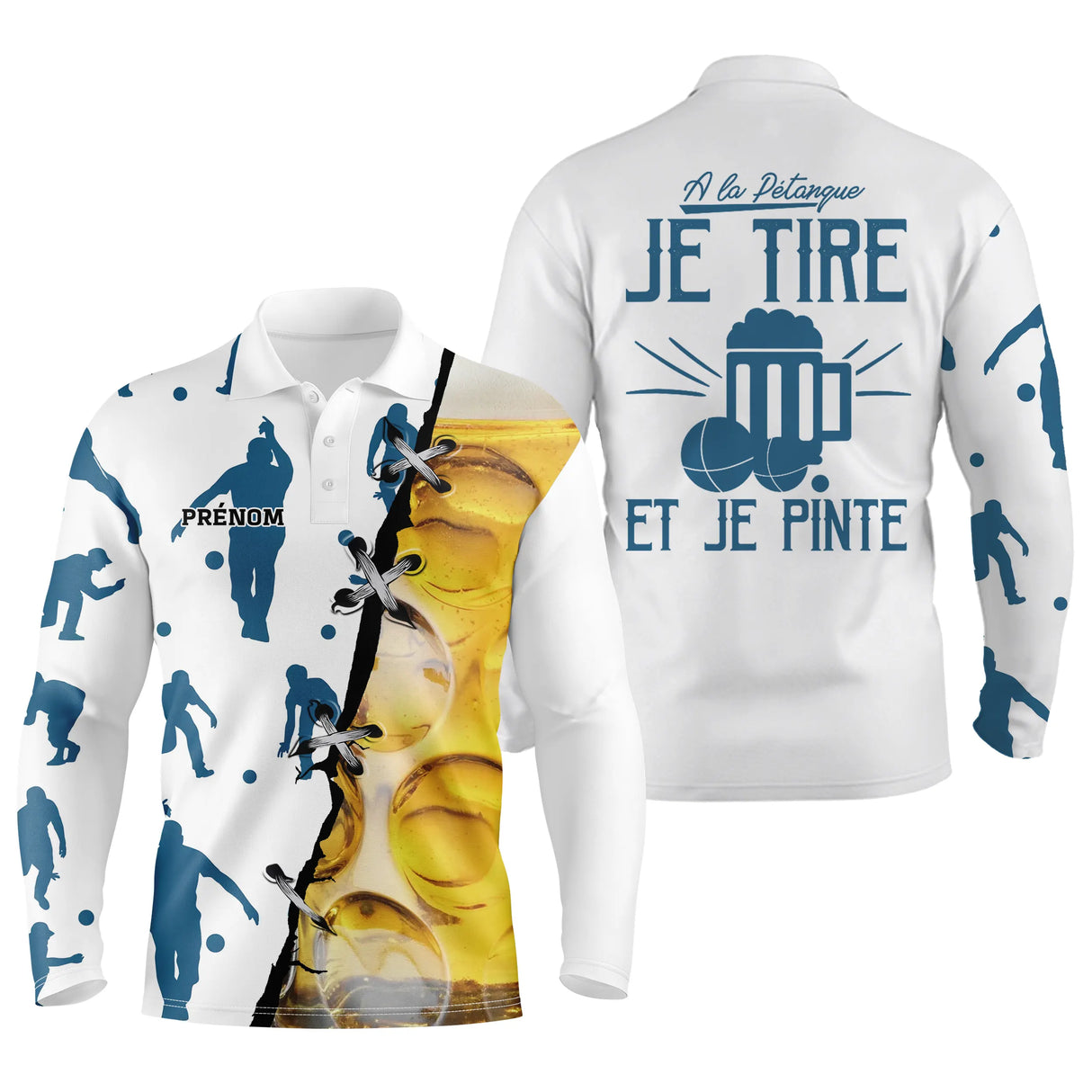 Polo pétanque humour blanc bleu, design À la pétanque je tire et je pinte personnalisé bouliste
