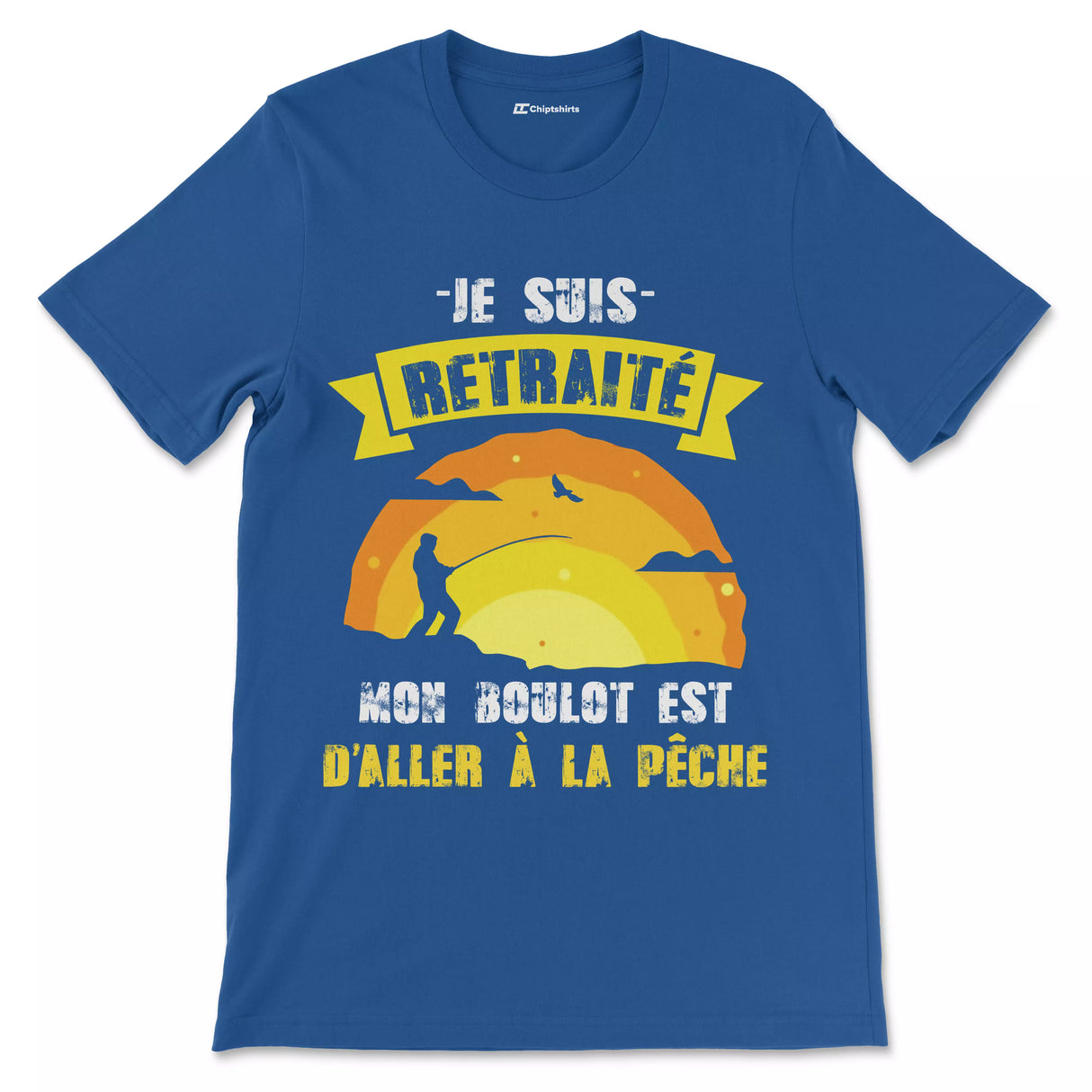 T-shirt humour retraite pêche bleu marine illustration pêcheur silhouette coucher de soleil cadeau pot départ