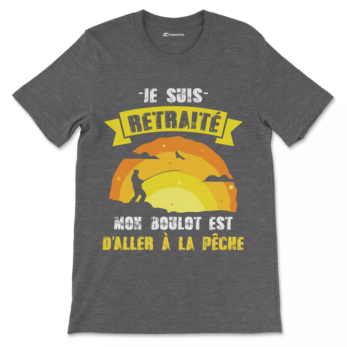 T-shirt cadeau retraite pêcheur bleu marine motif pêcheur silhouette soleil orangé message liberté humour
