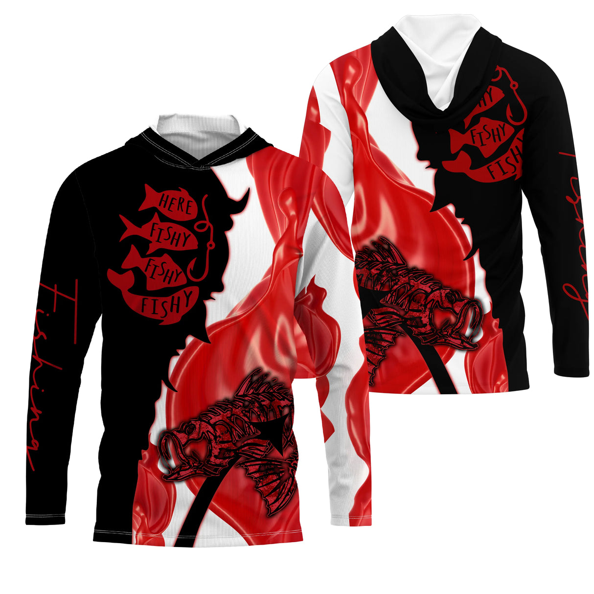 Hoodie pêche rouge noir poissons stylisés slogan ici poisson all-over vue avant